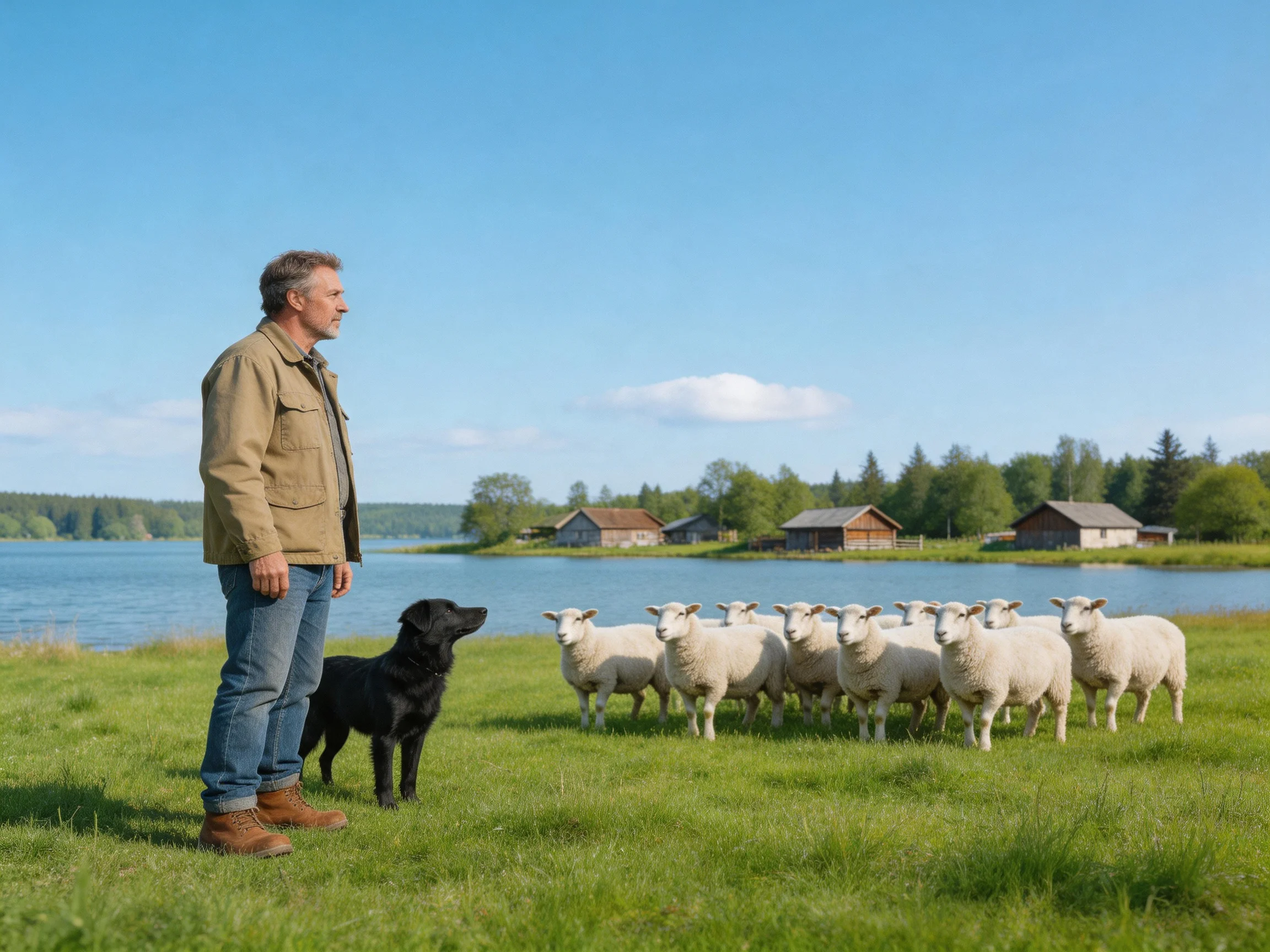 Man, black dog, and sheep by a lakeside with wooden cottages