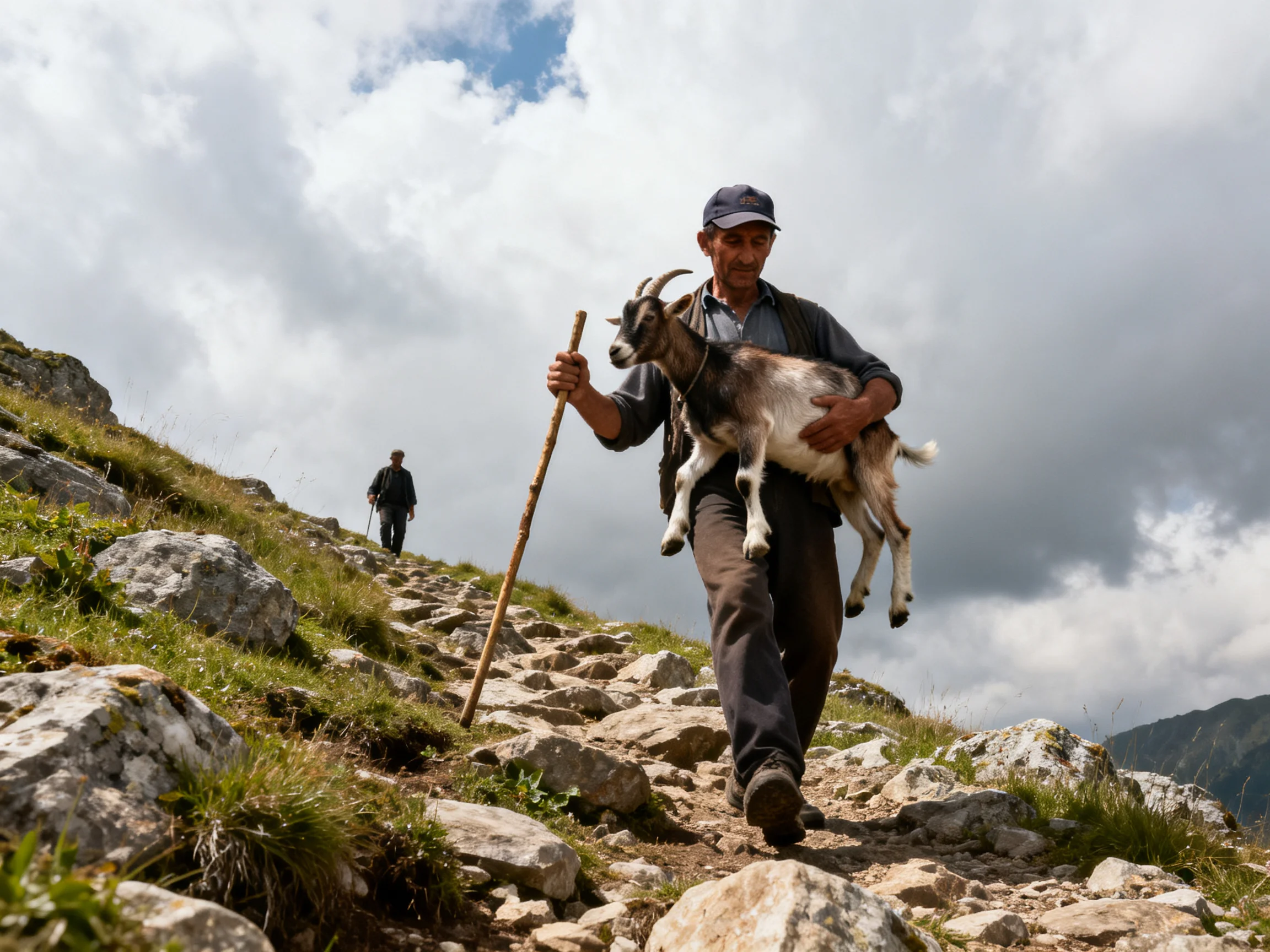 Man carries goat on rocky mountain trail