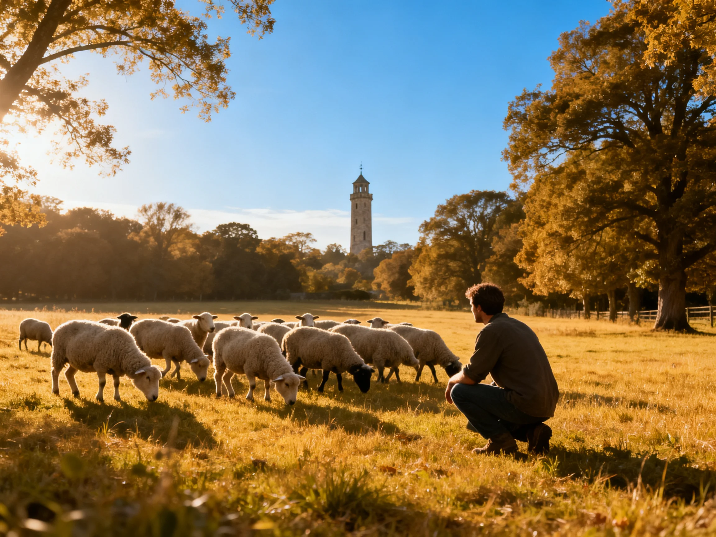 Man crouching near sheep in a sunlit autumn field with a tower