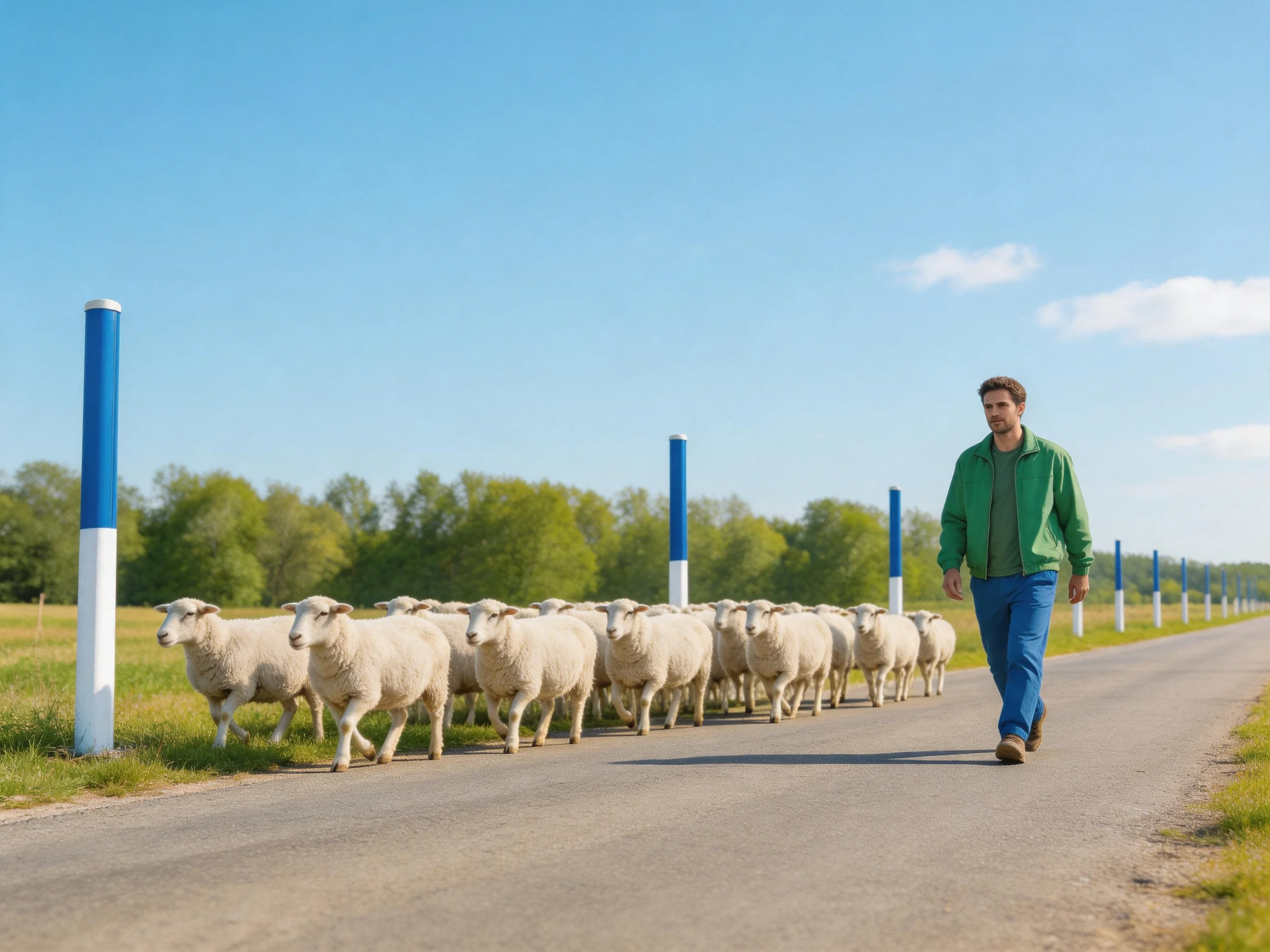 Man herding sheep along a paved road with blue and white posts