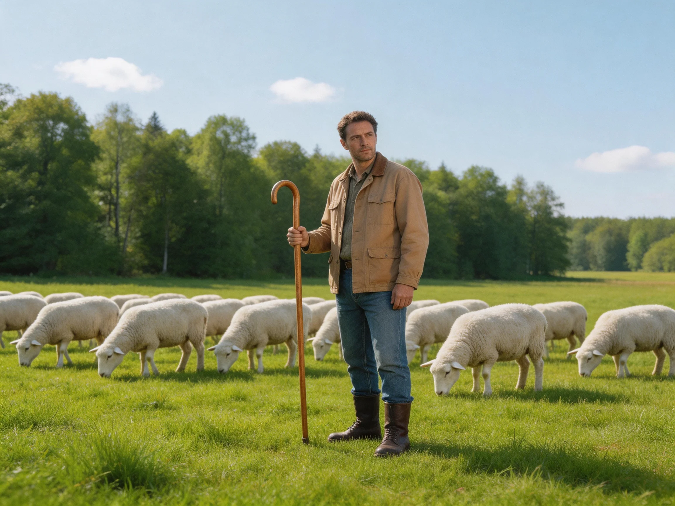 Man in tan coat herding white sheep in green pasture