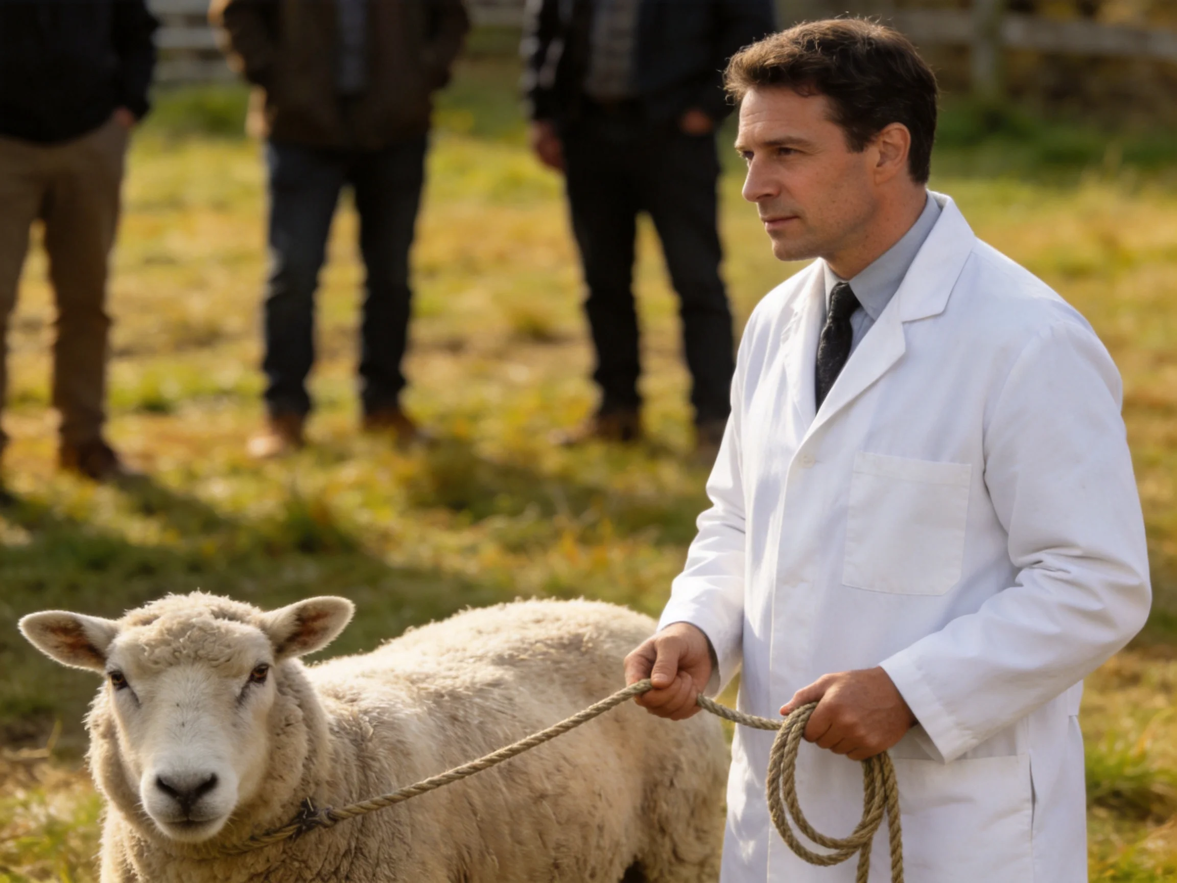 Man in white lab coat leads sheep near onlookers