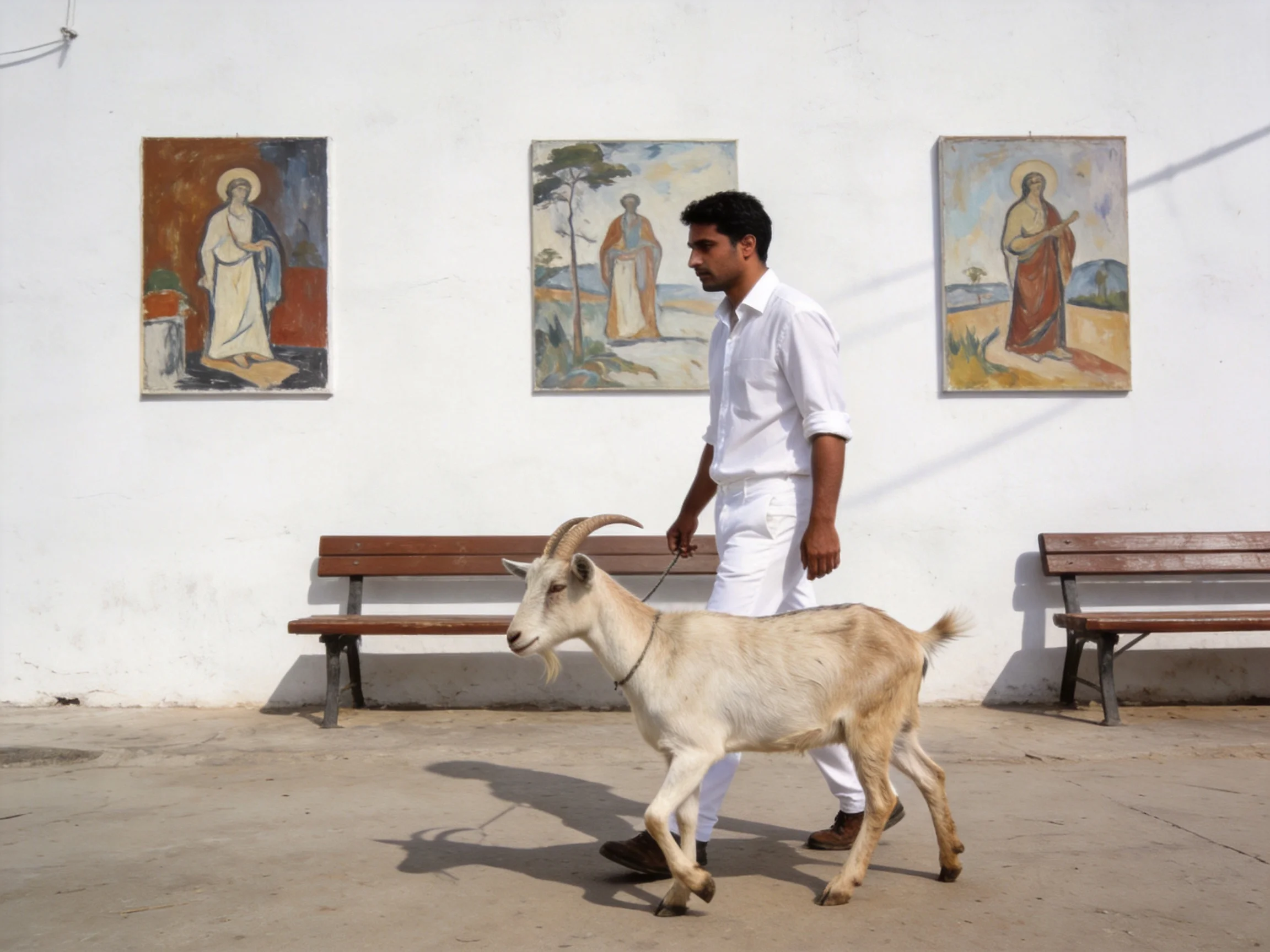 Man in white walks goat near three religious artworks on white wall
