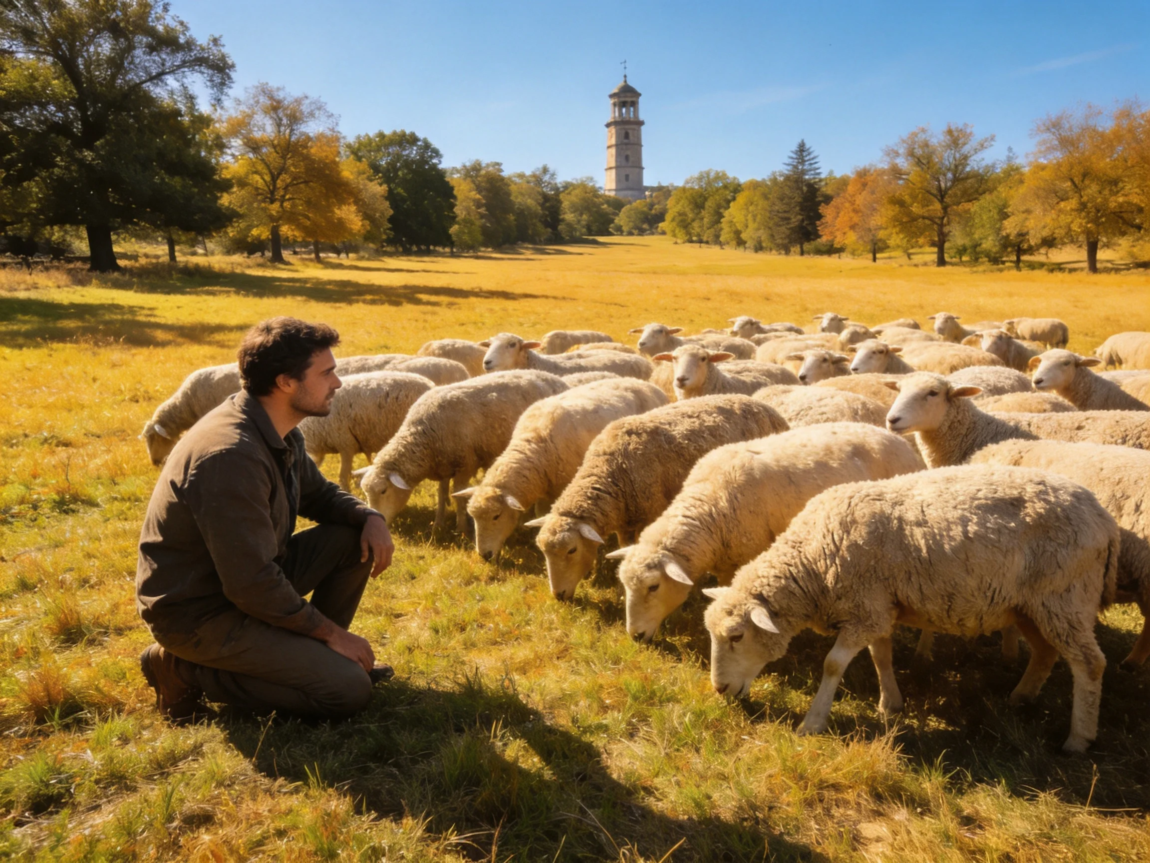 Man tending sheep in autumnal field with historic tower