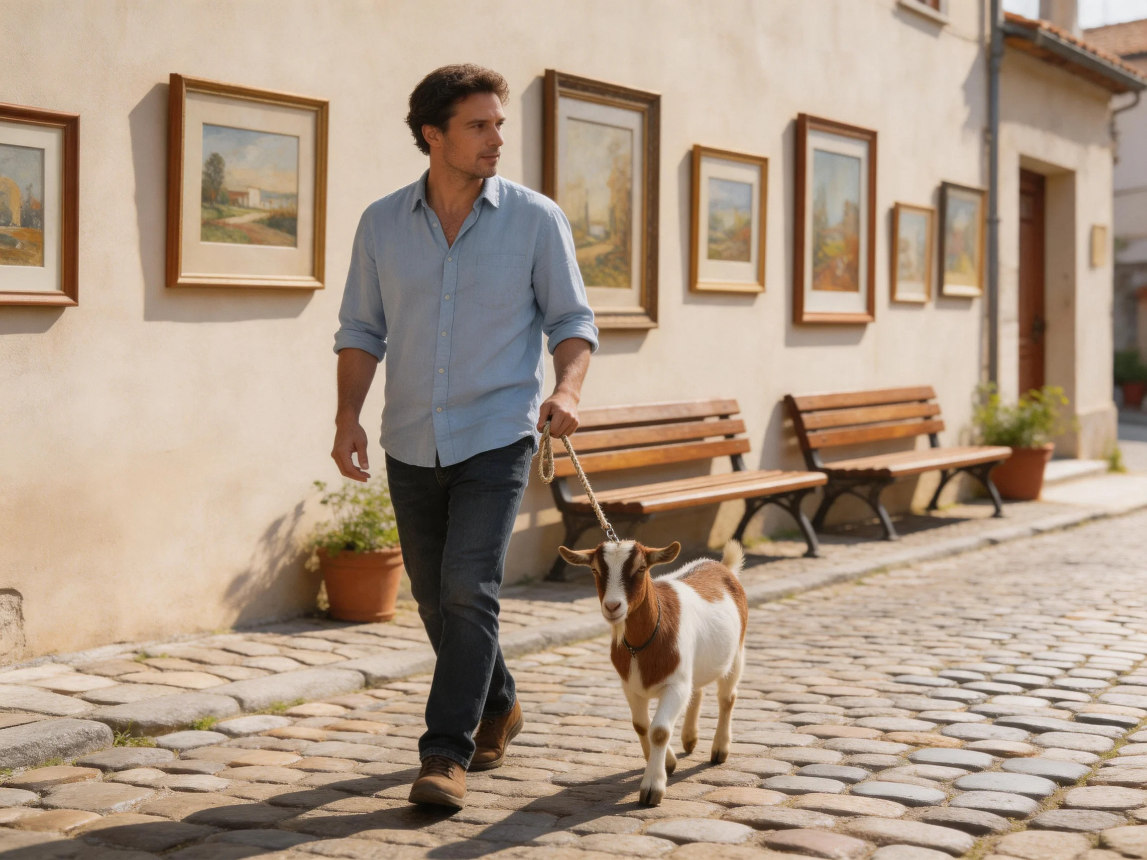 Man walking a brown-and-white goat on cobblestone street with framed artwork