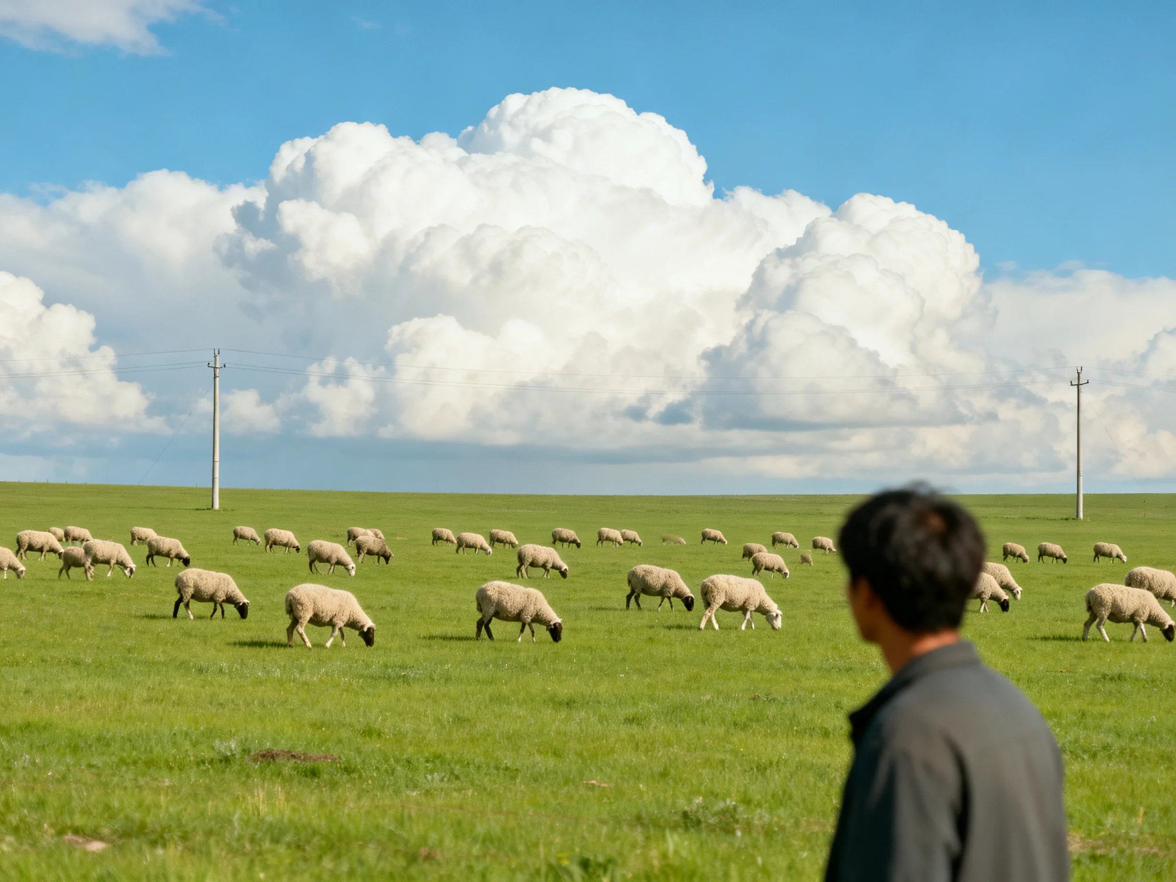 Many Sheep Graze on Lush Green Field Under Vast Sky