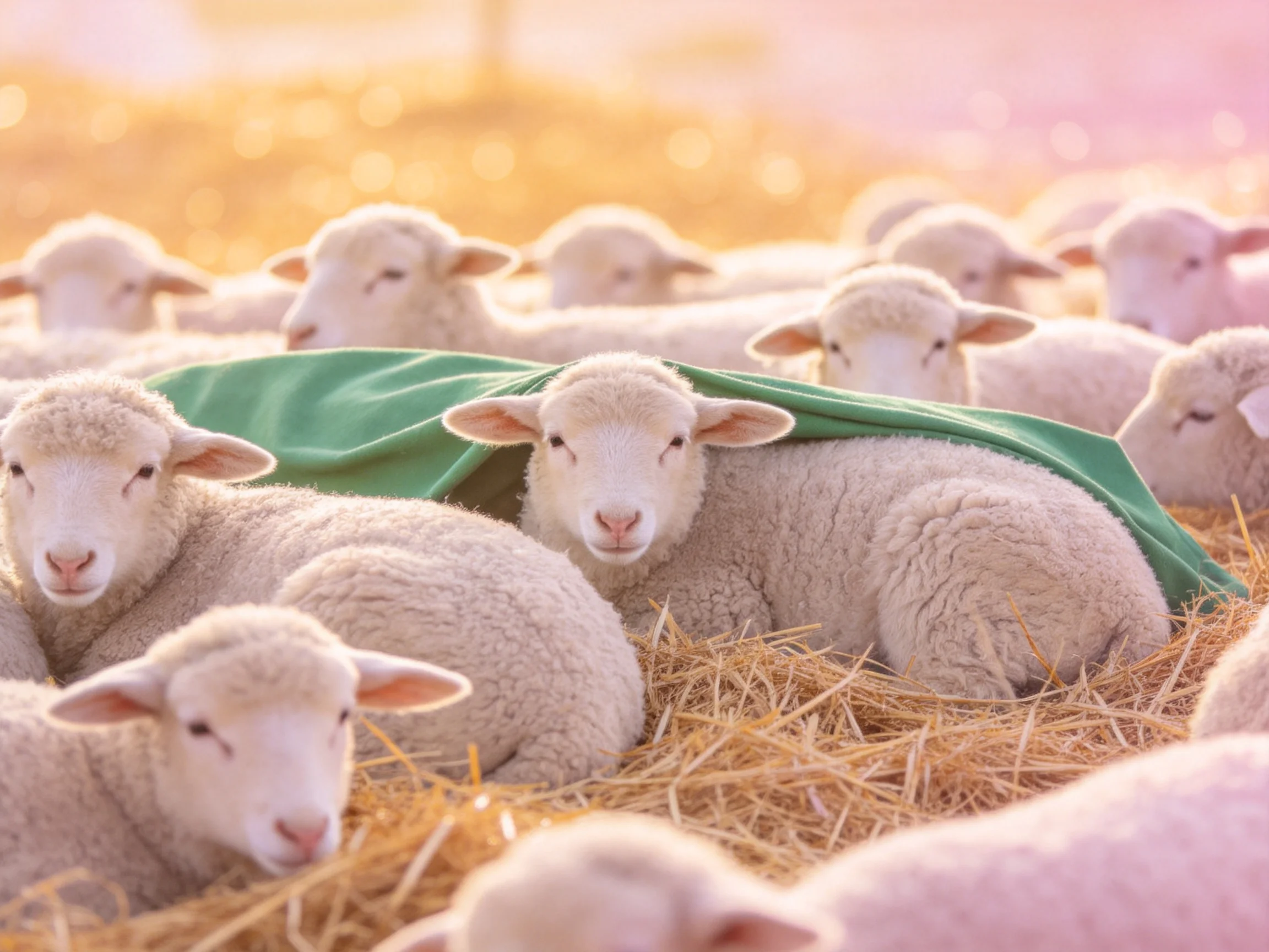 Many fluffy white lambs rest on straw with a green cover