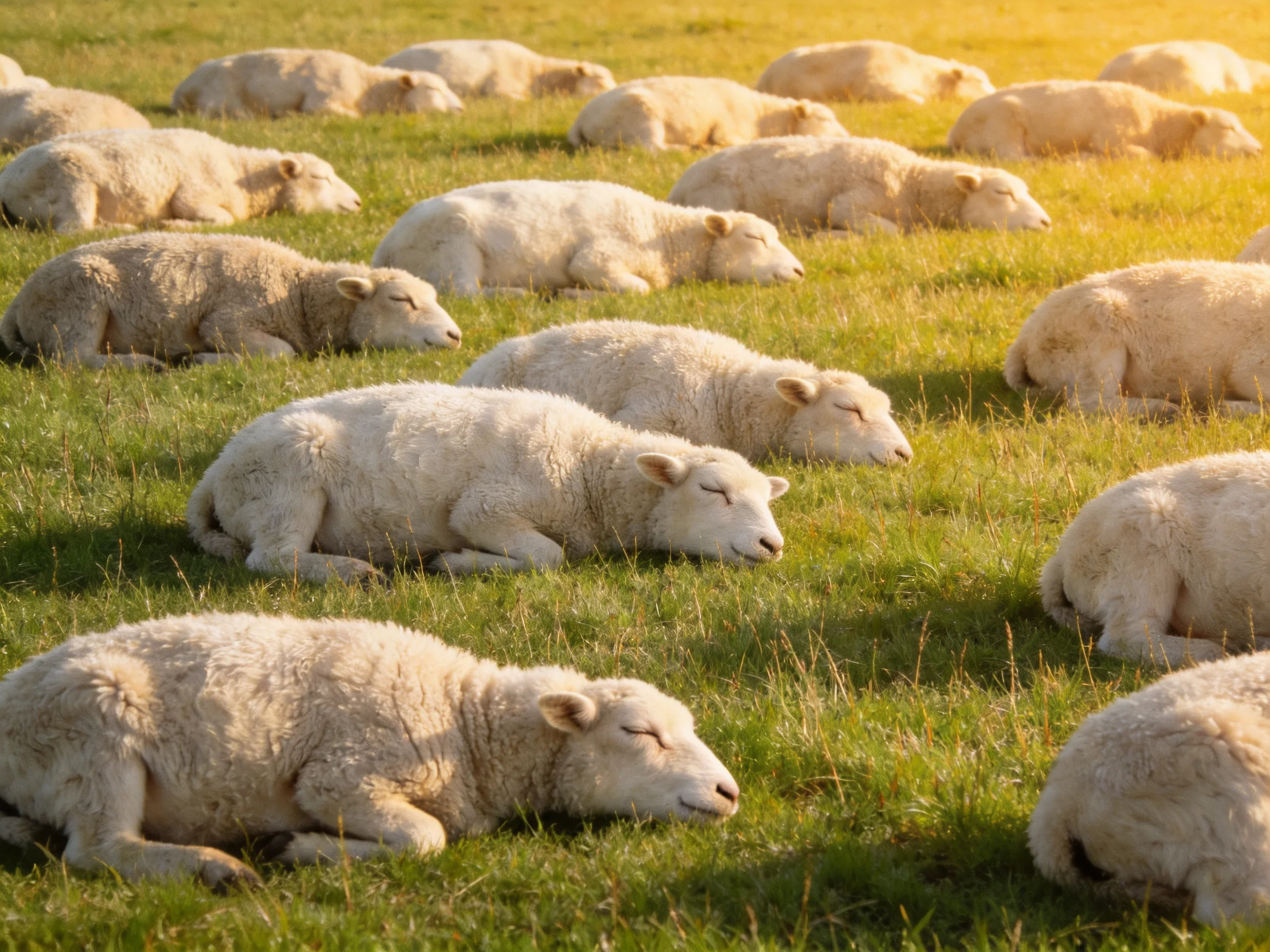 Many fluffy white lambs rest on vibrant green grass