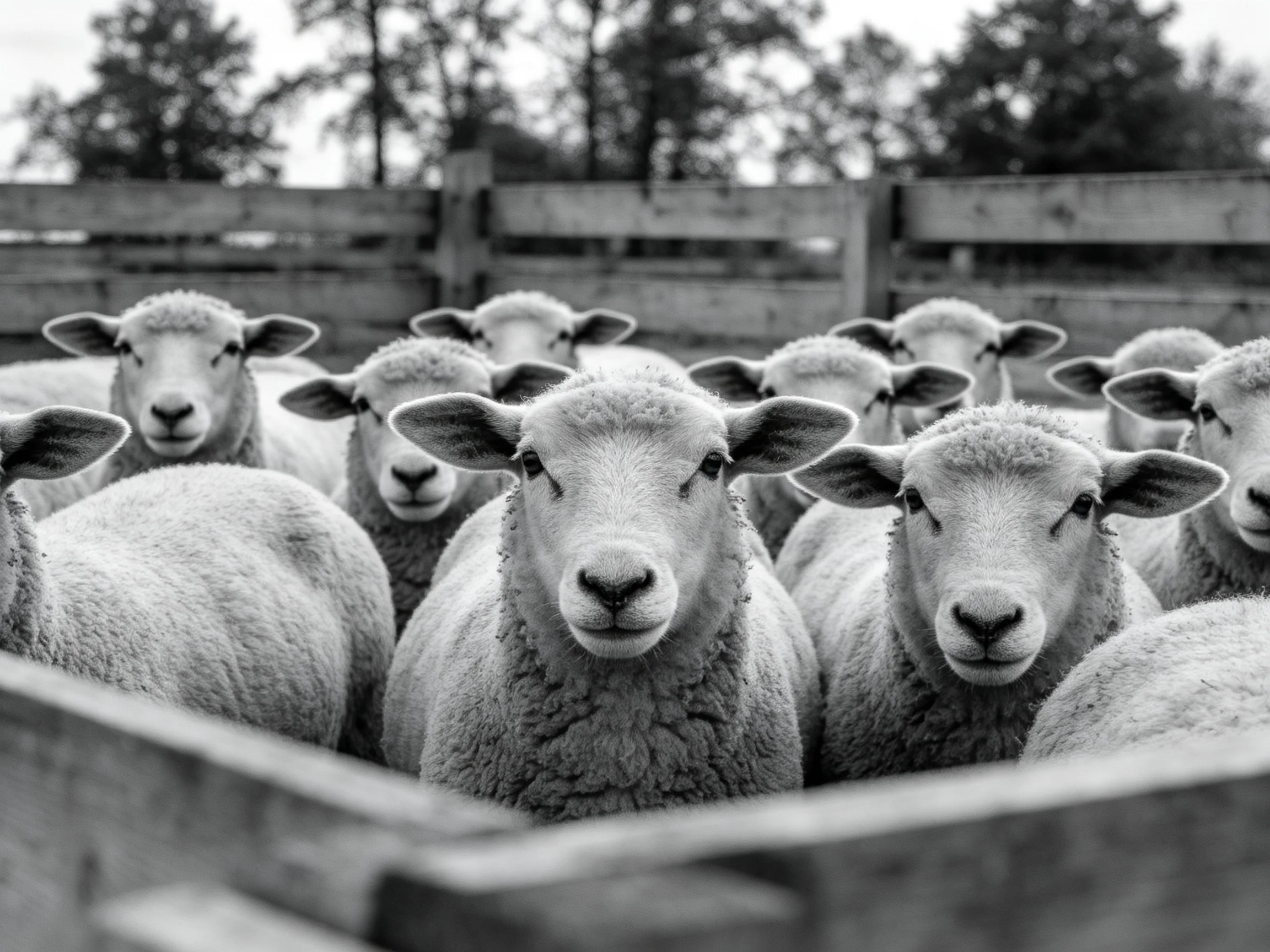 Many sheep clustered in wooden enclosure with trees in distance