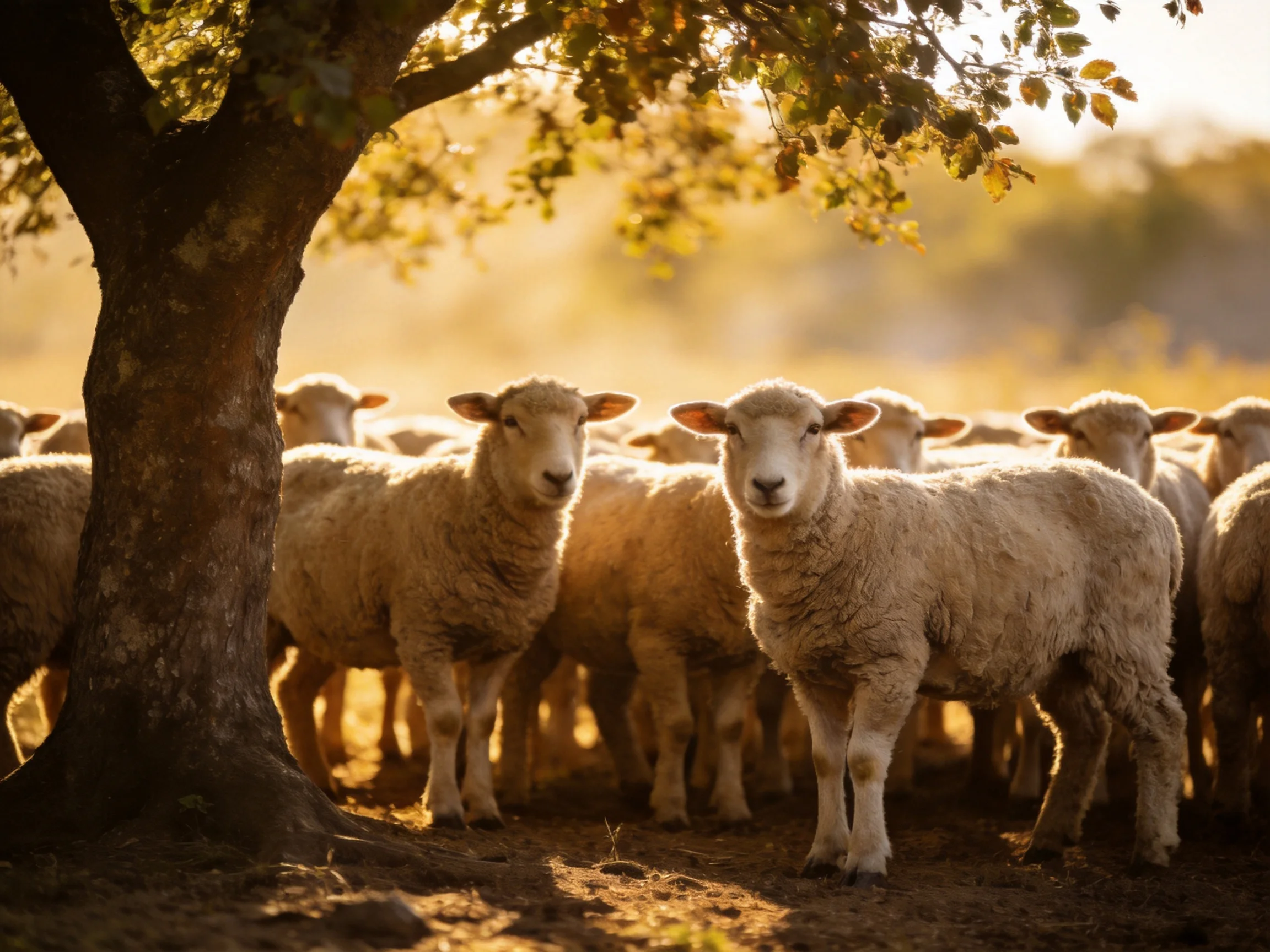 Many sheep gather near a large tree in golden sunlight