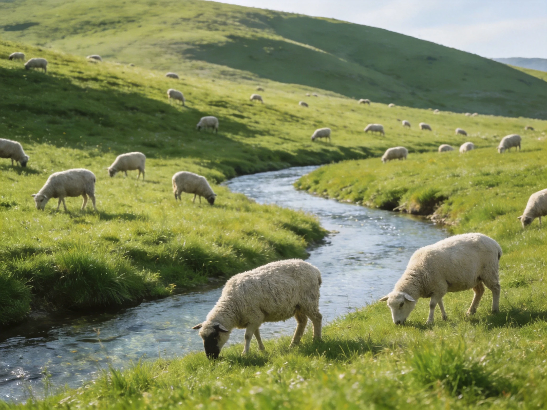 Many sheep graze beside a winding stream in lush green hills