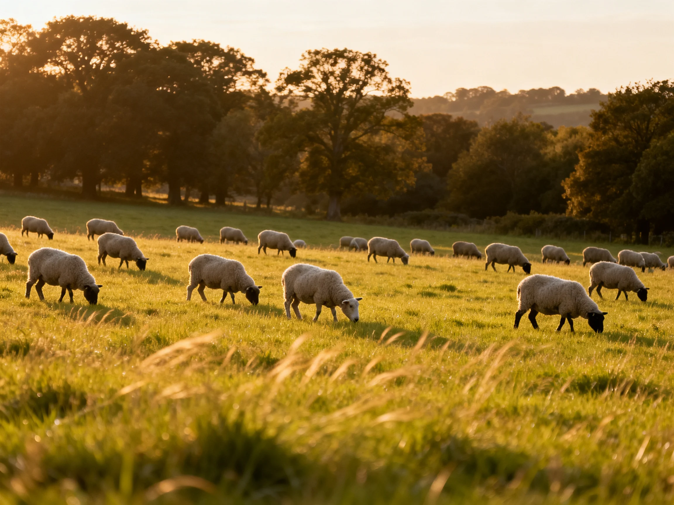 Many sheep graze in a golden field near trees