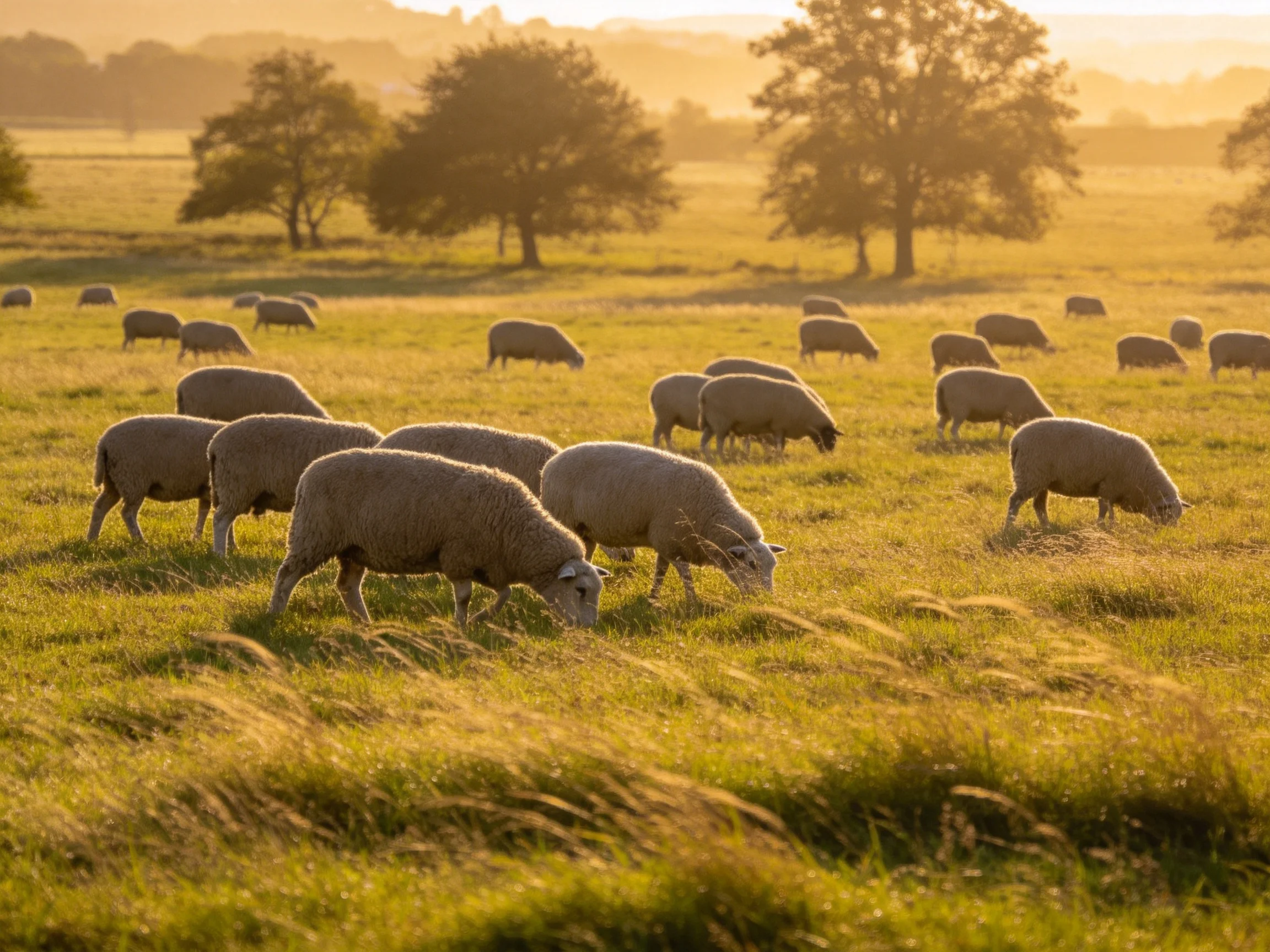 Many sheep graze in a golden-lit open meadow with scattered trees.
