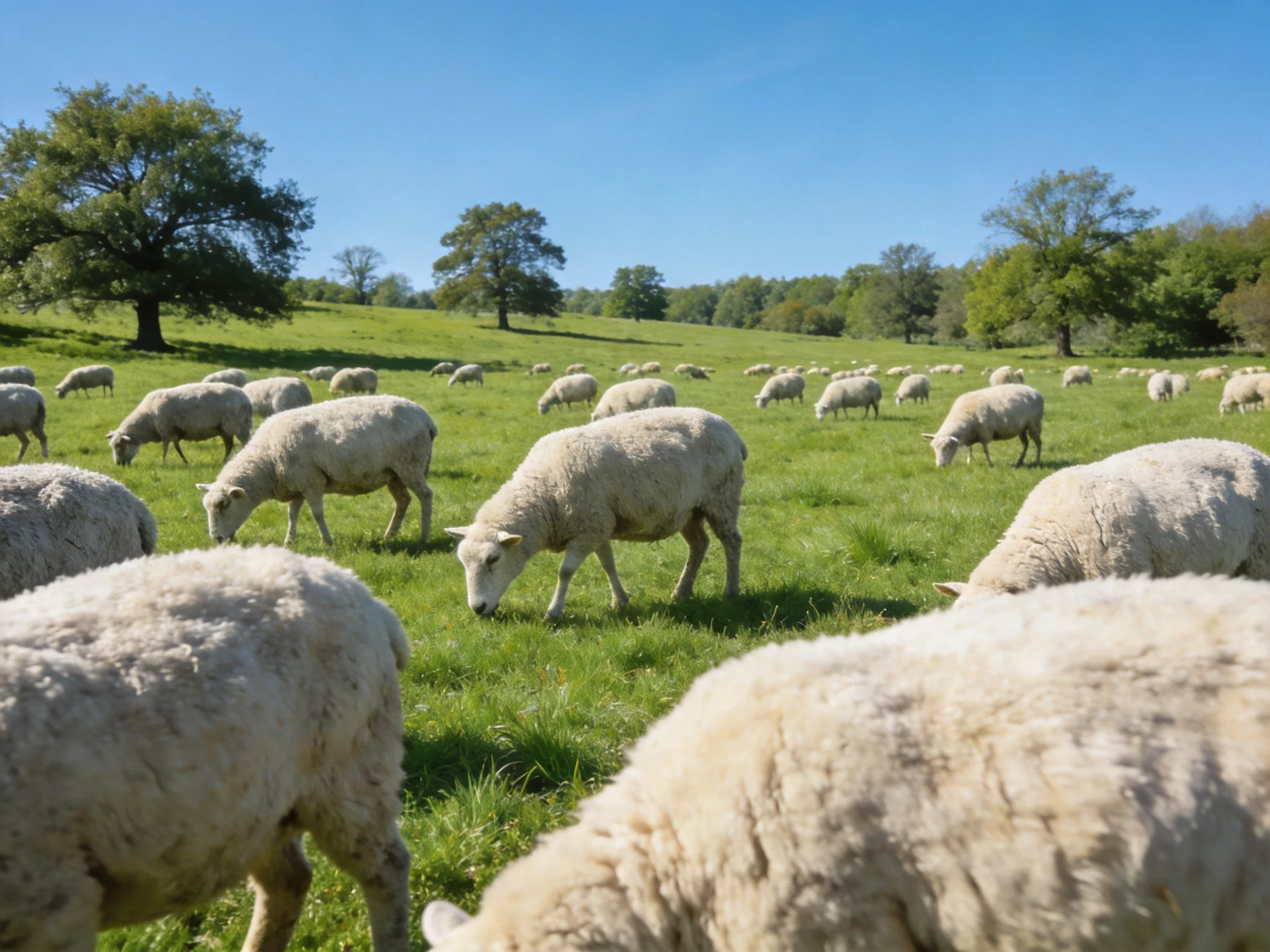 Many sheep graze in a lush green pasture with scattered trees