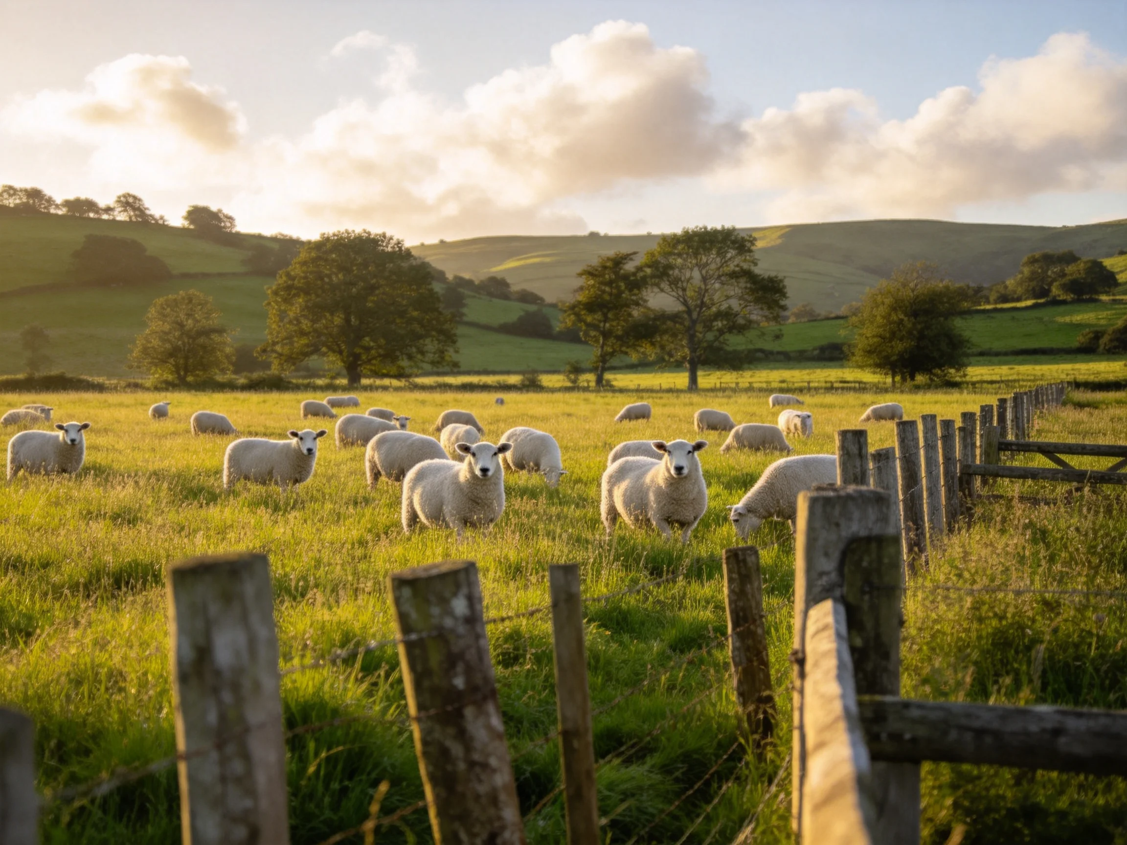 Many sheep graze in a sunlit green countryside field