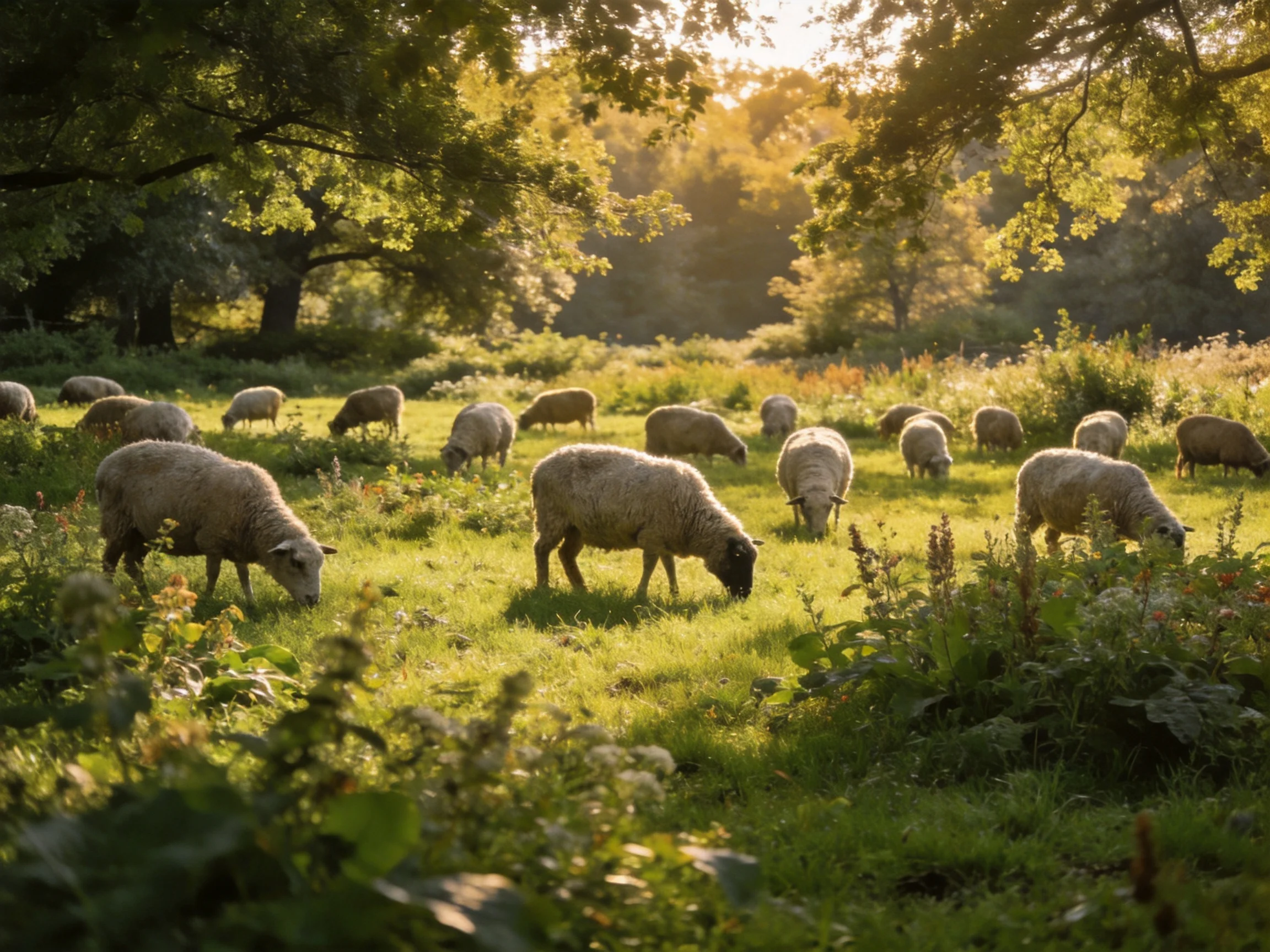 Many sheep graze in a sunlit, verdant meadow with tall trees.