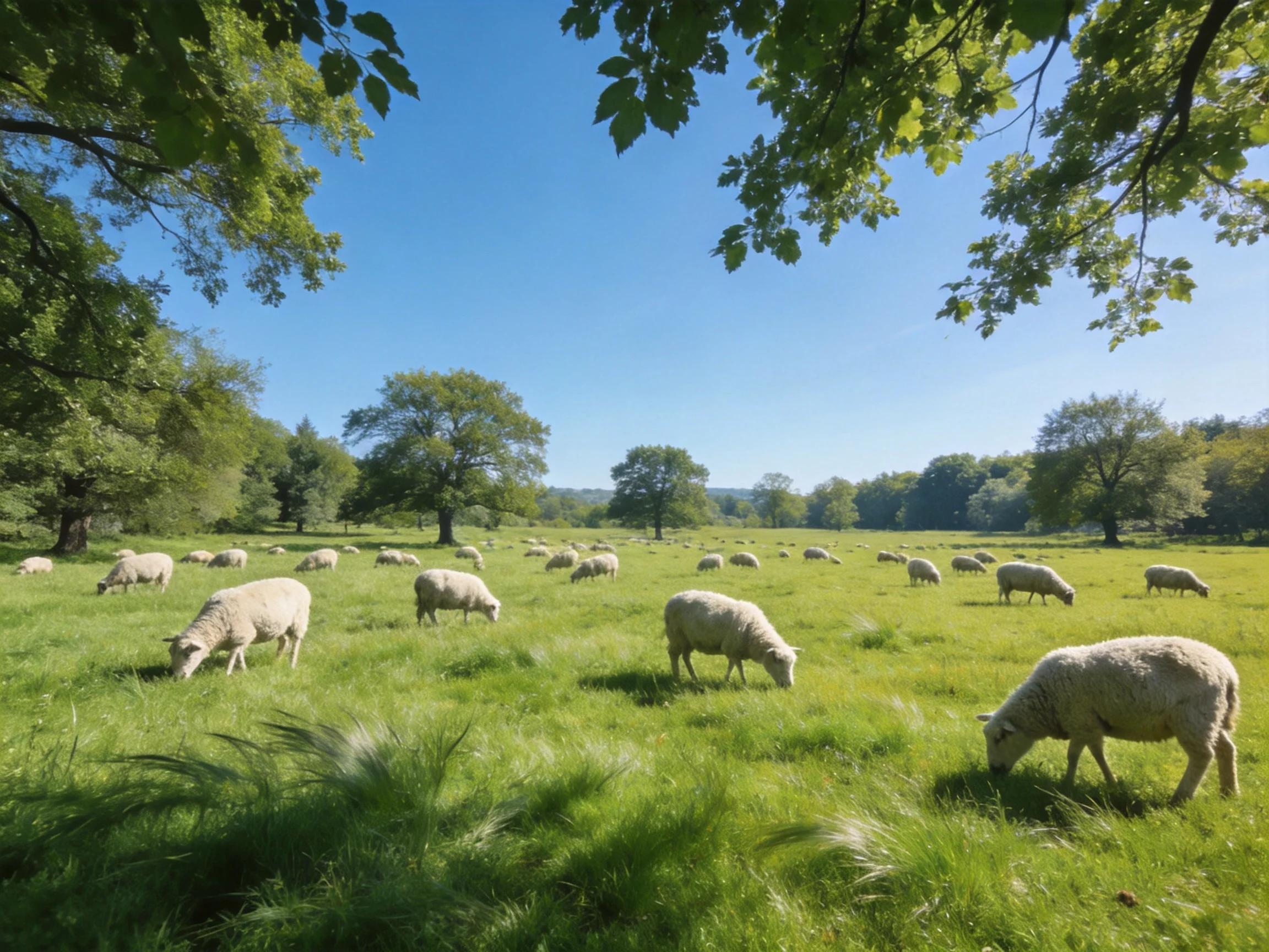 Many sheep graze in a vibrant green pasture with scattered trees