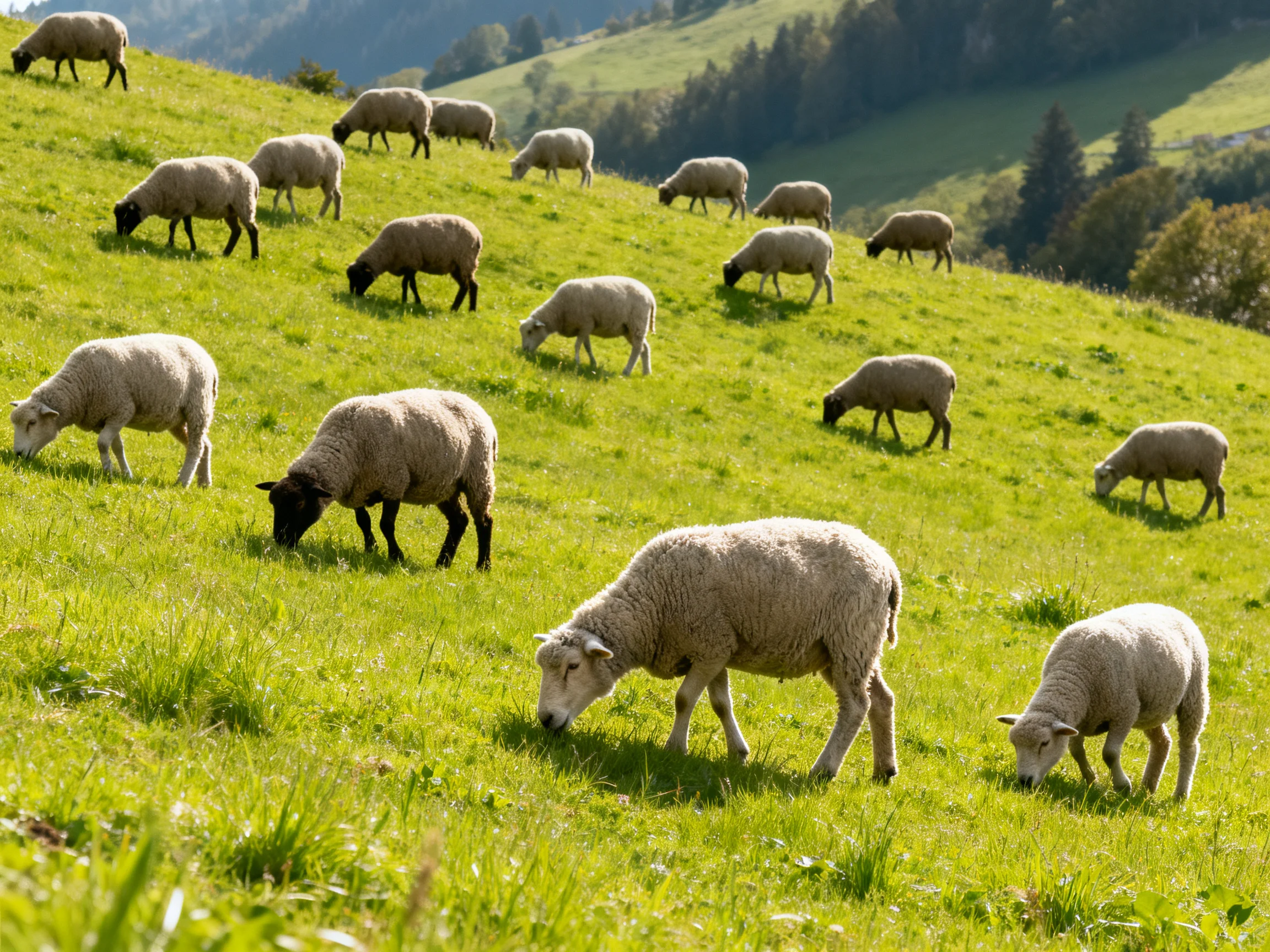 Many sheep graze on a lush green hillside with rolling terrain