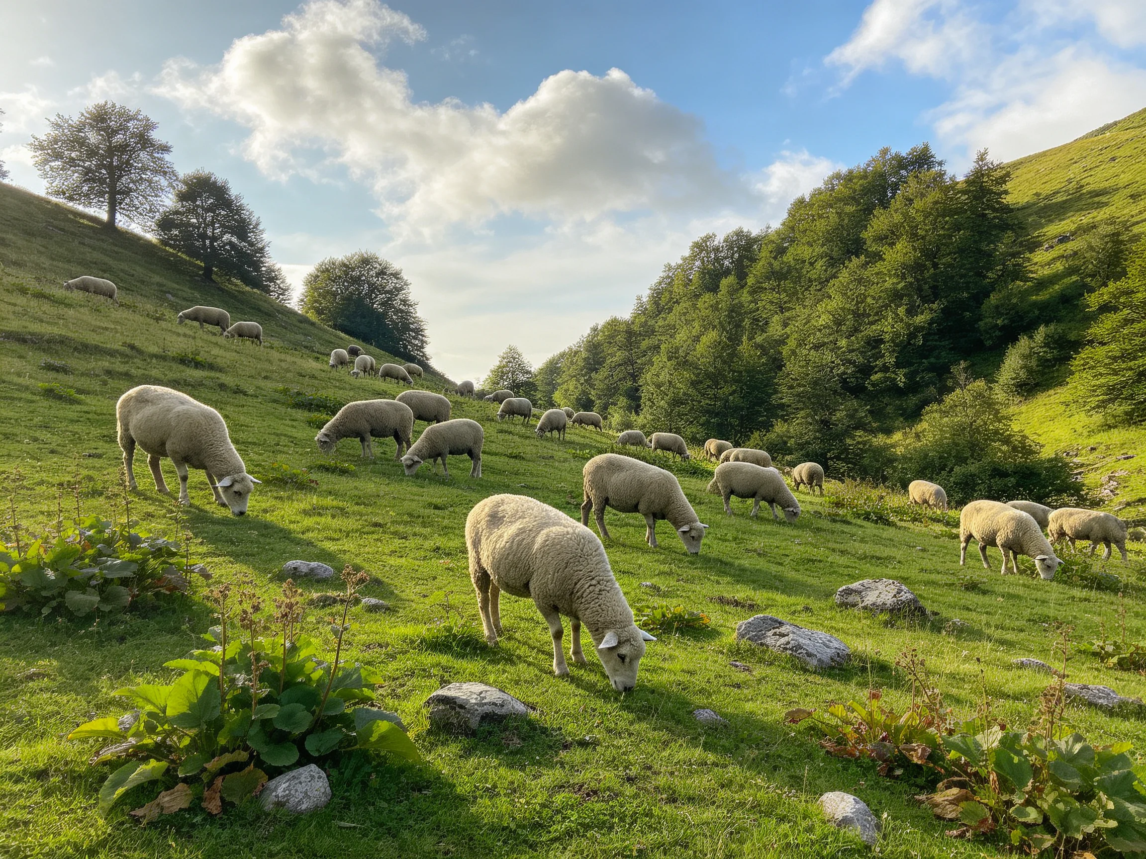 Many sheep graze on a lush green hillside with scattered rocks