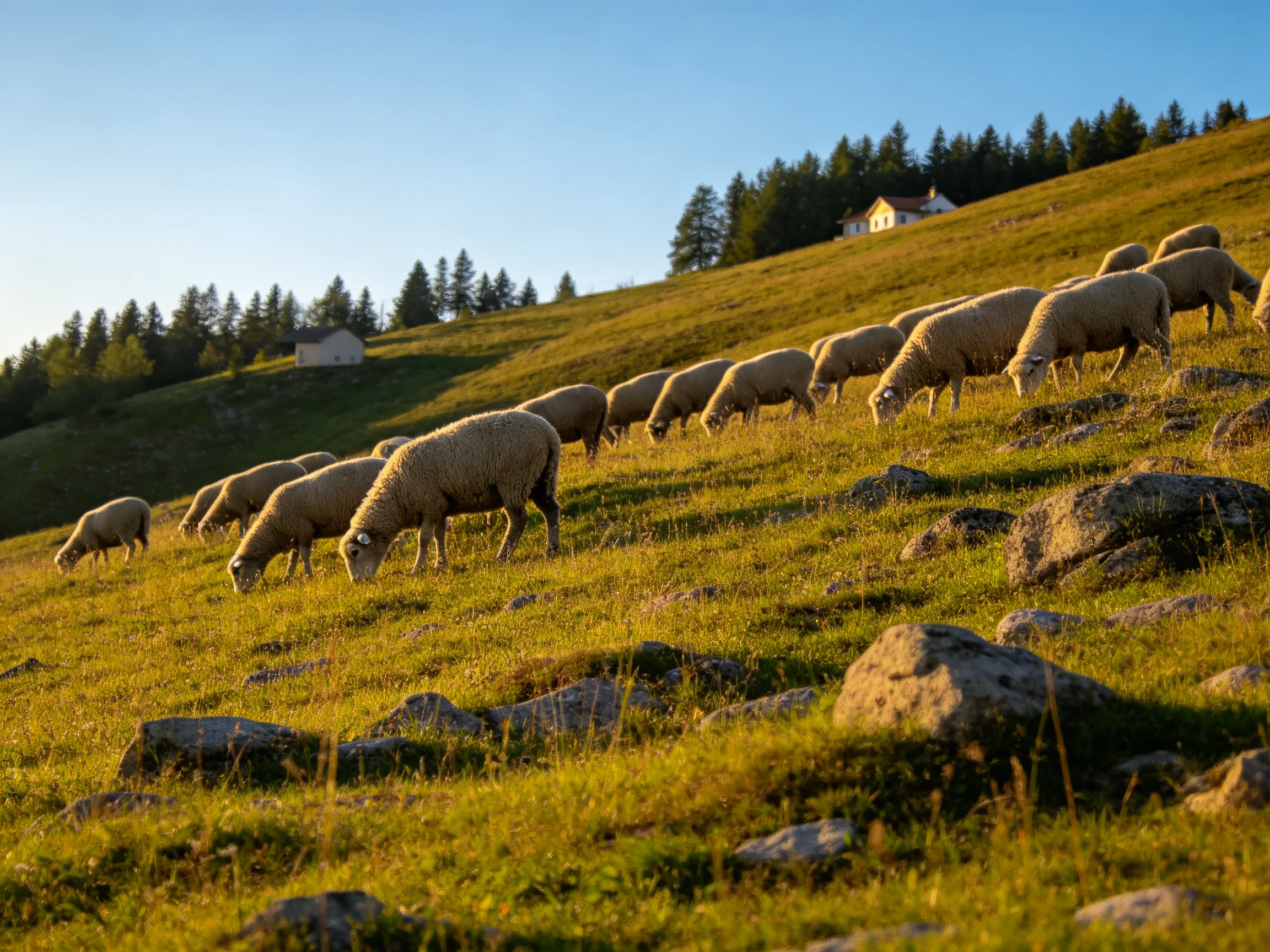 Many sheep graze on a rocky, golden hillside near forested homes