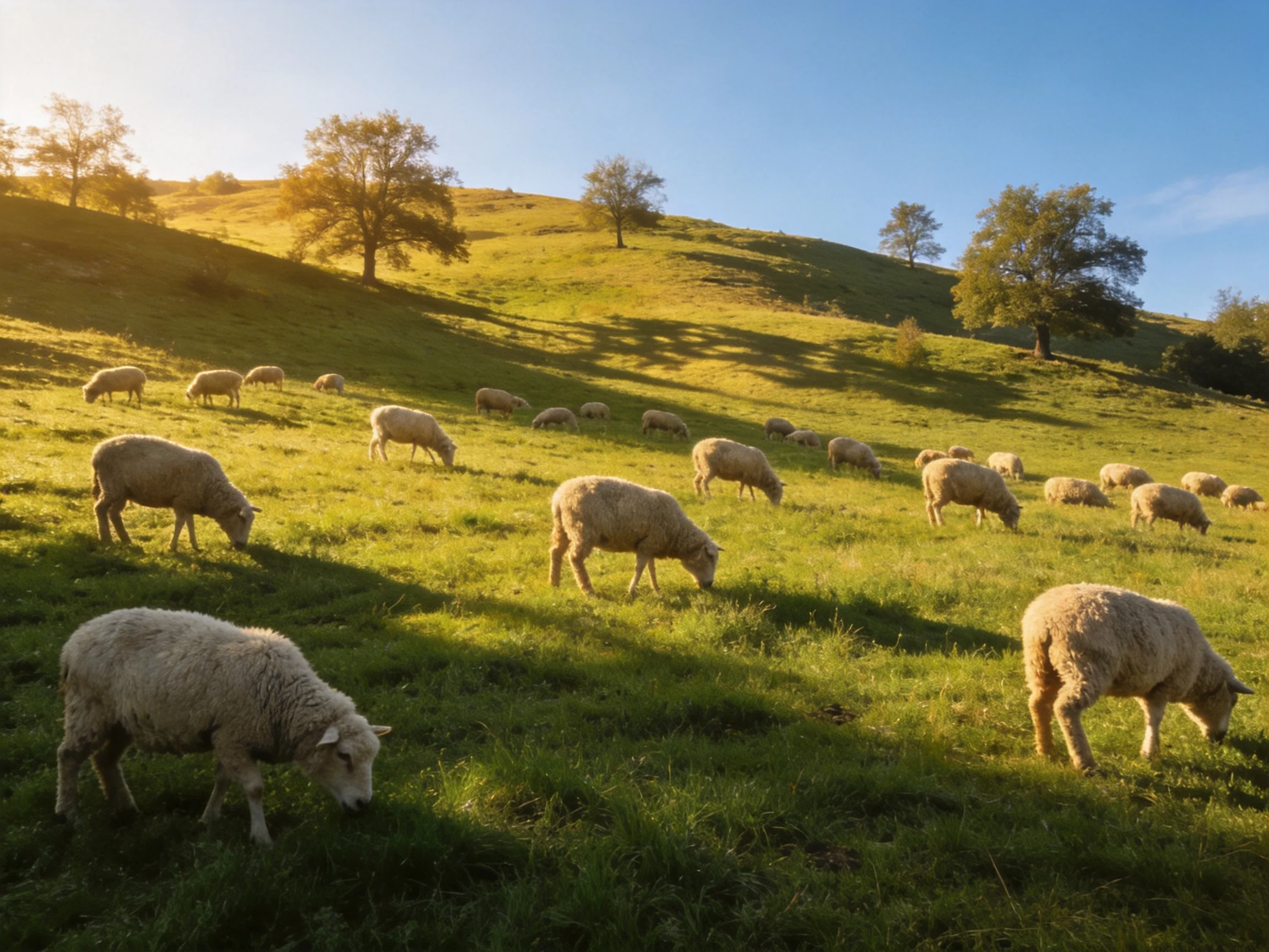 Many sheep graze on a sun-drenched green hilly pasture with trees.