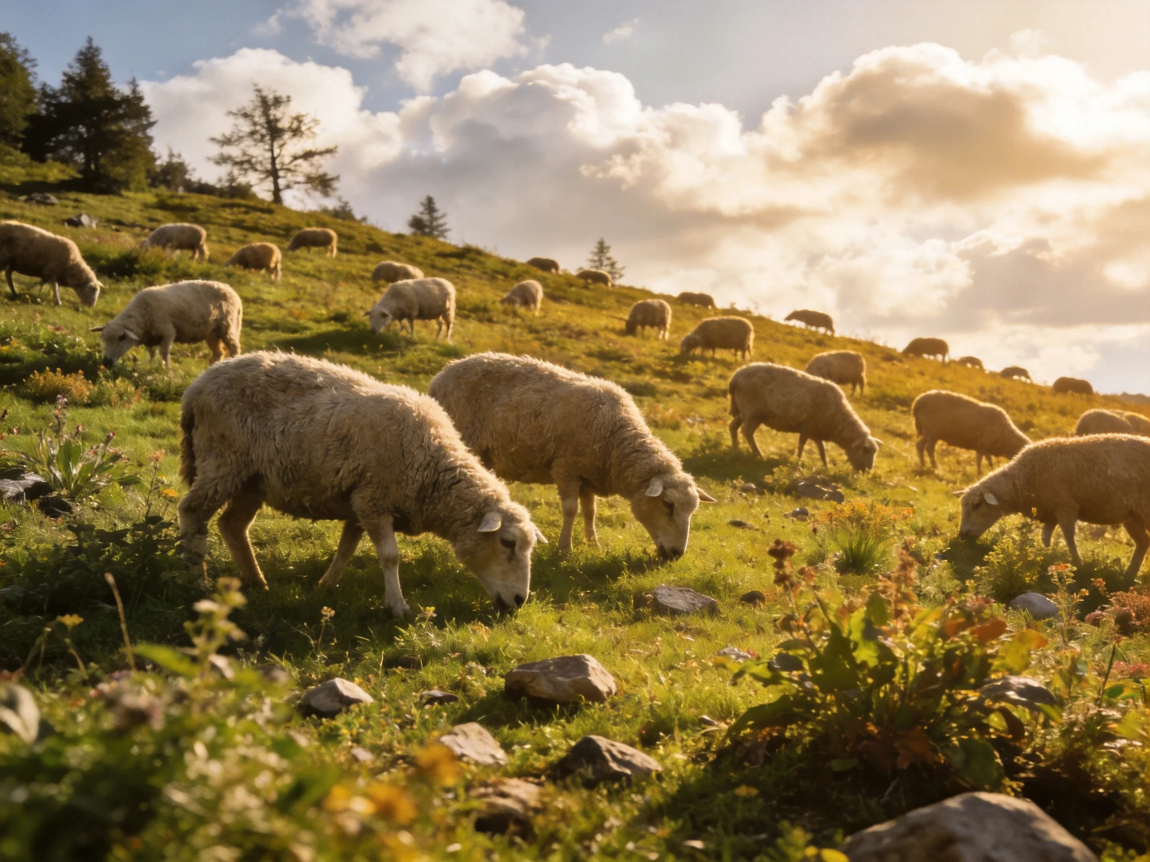 Many sheep graze on a sunlit green hillside with scattered rocks