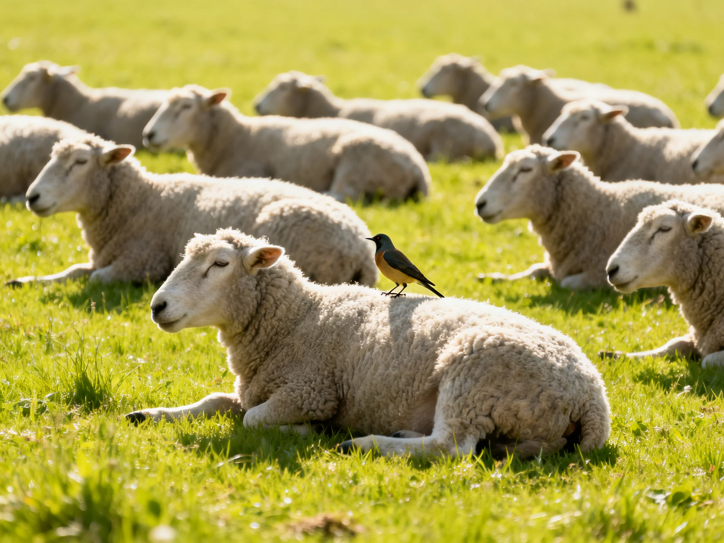 Many sheep rest in a sunlit field with one bird perched