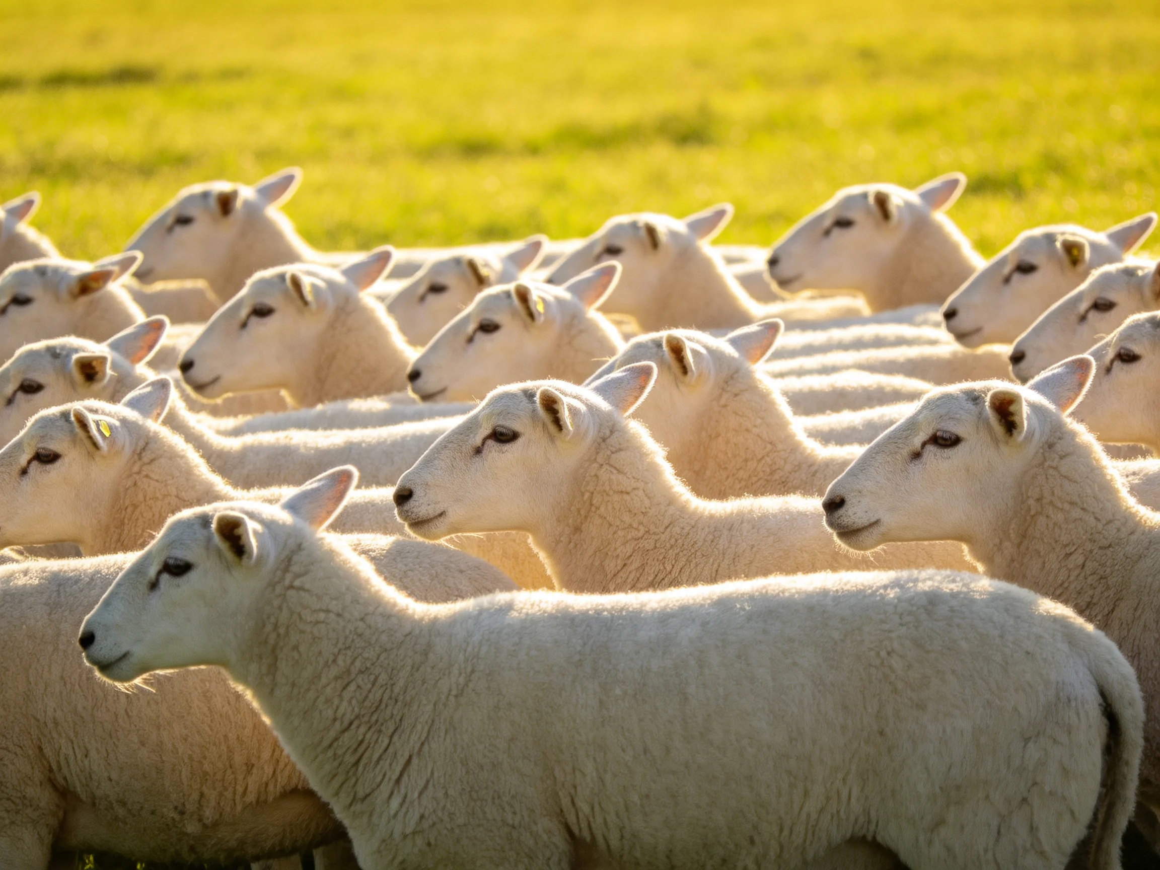 Many white lambs clustered in a sunlit green field