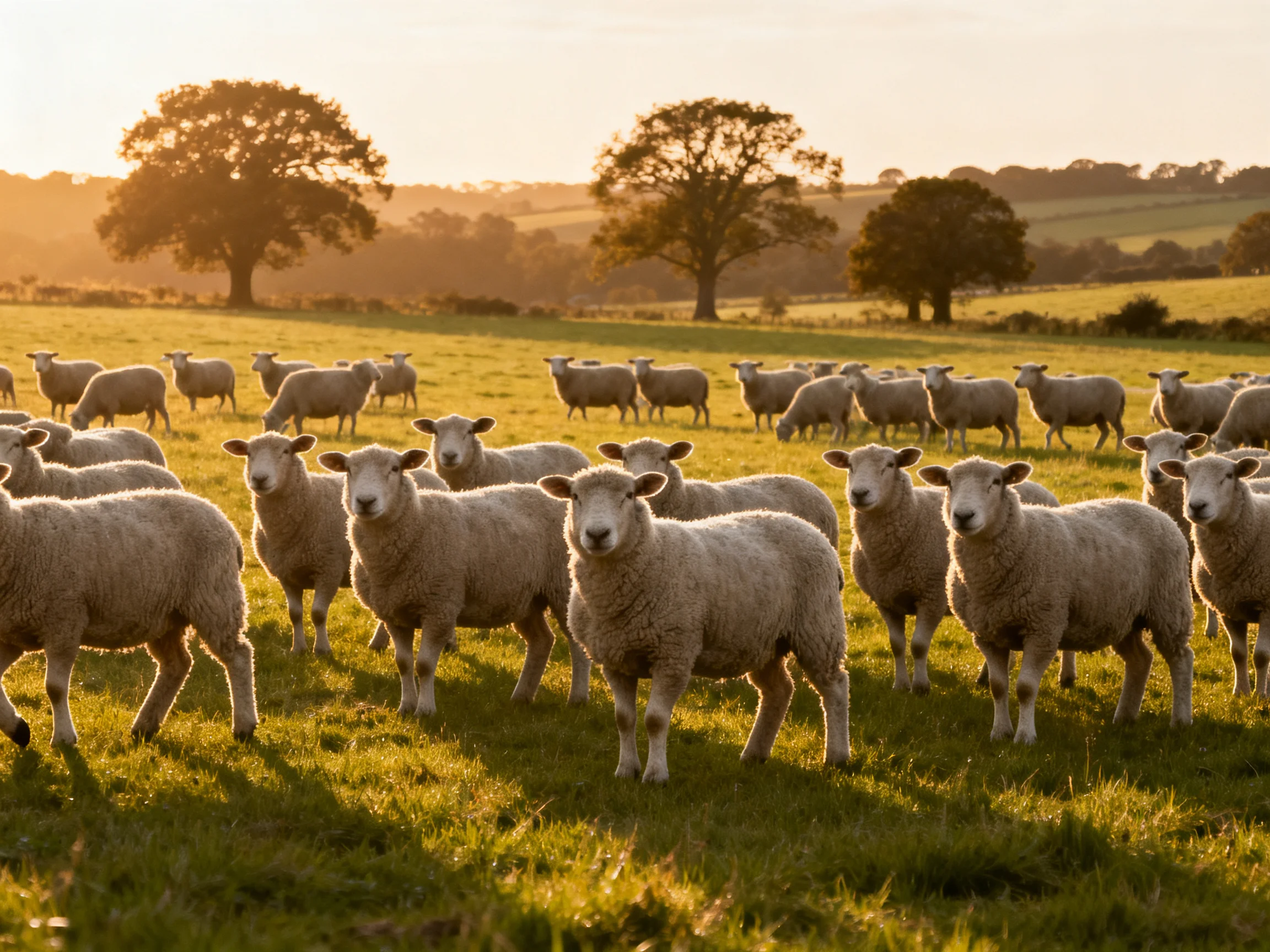 Many woolly sheep graze in a golden field with scattered trees