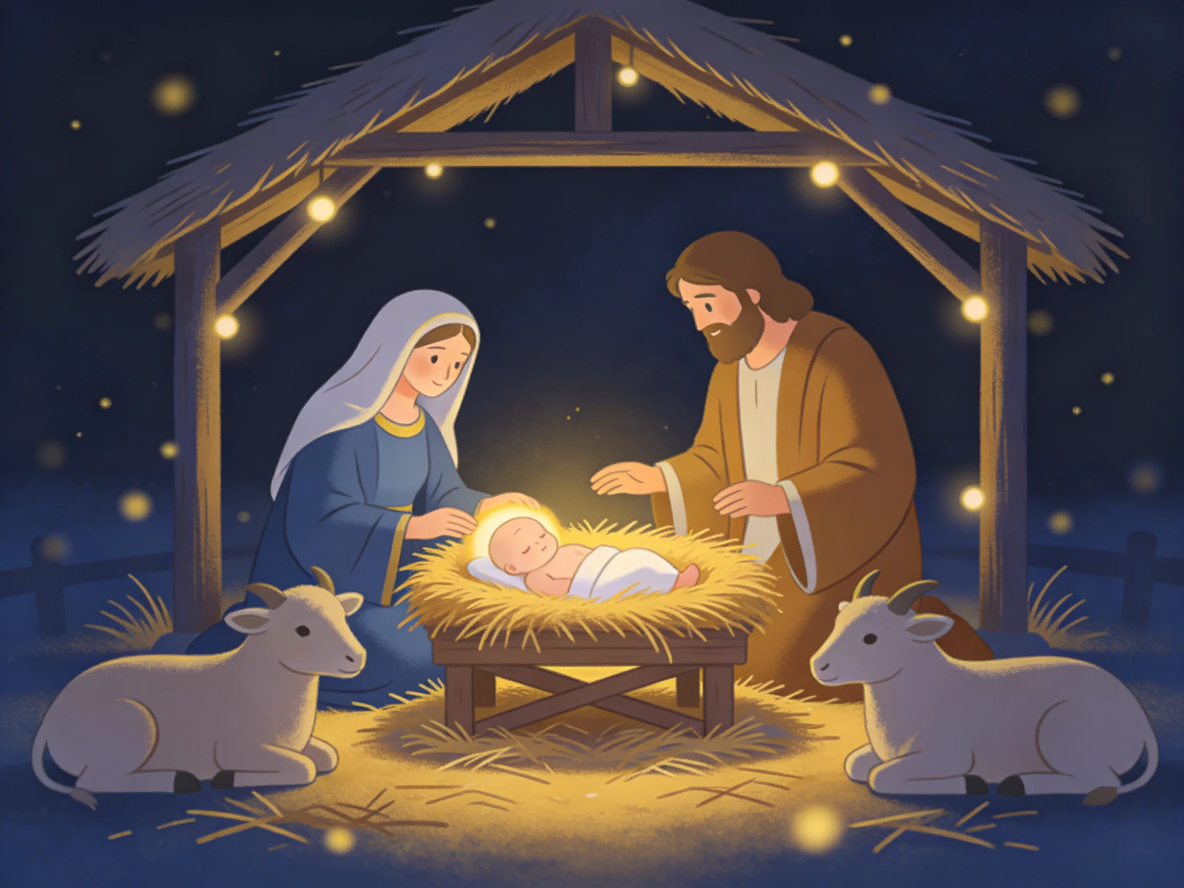 Mary in blue robe, Joseph in brown robe, baby Jesus in straw manger