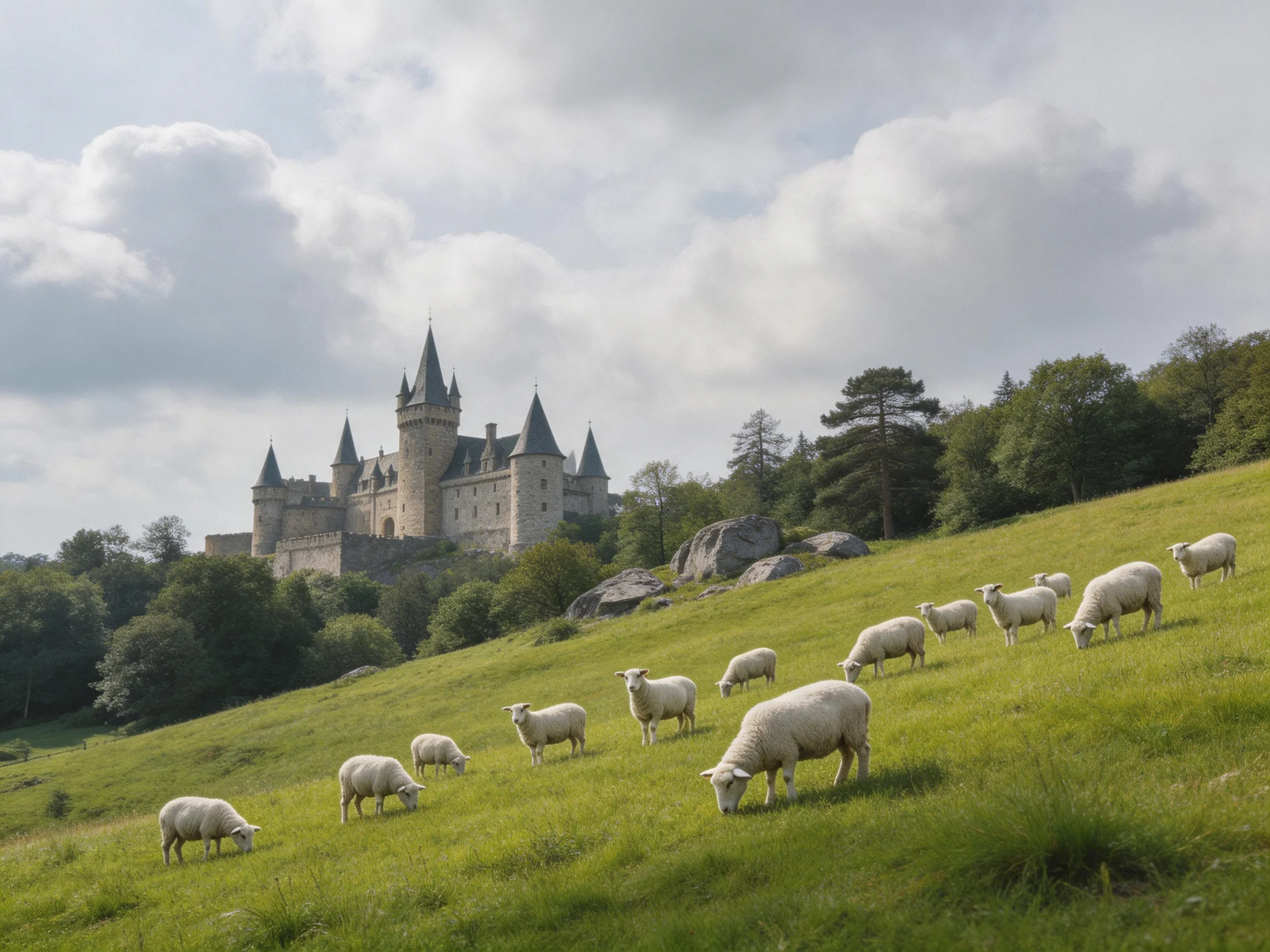 Medieval stone castle overlooking a lush green pasture with grazing sheep