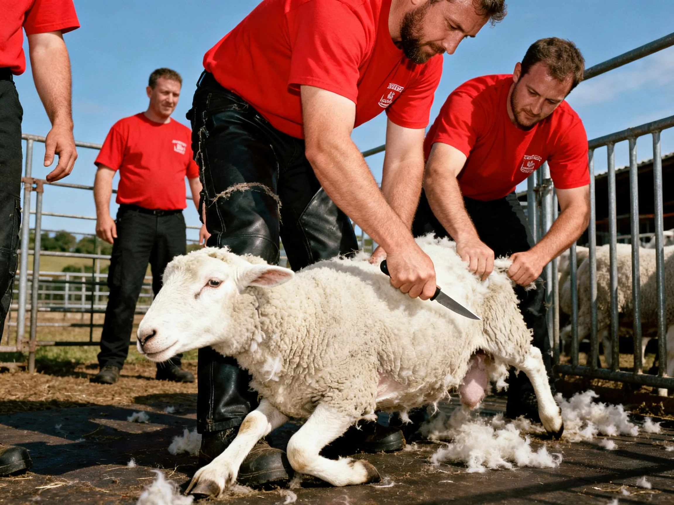 Men in red shirts shearing a sheep with wool scattered