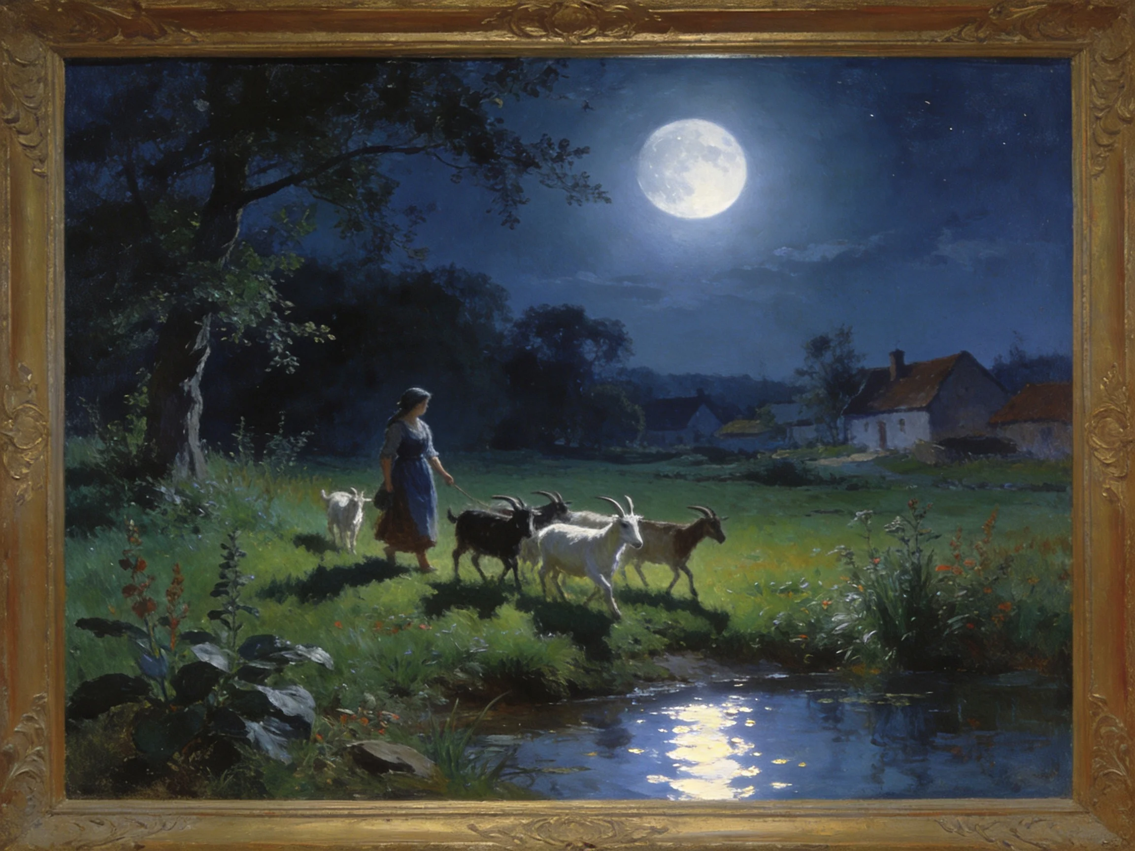 Moonlit Rural Scene with Woman Herding Goats Near Stream