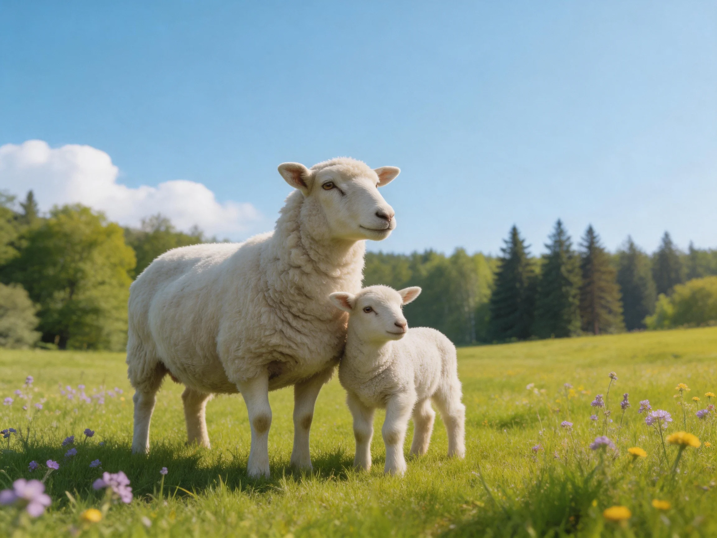 Mother sheep and lamb in a sunny flowered meadow
