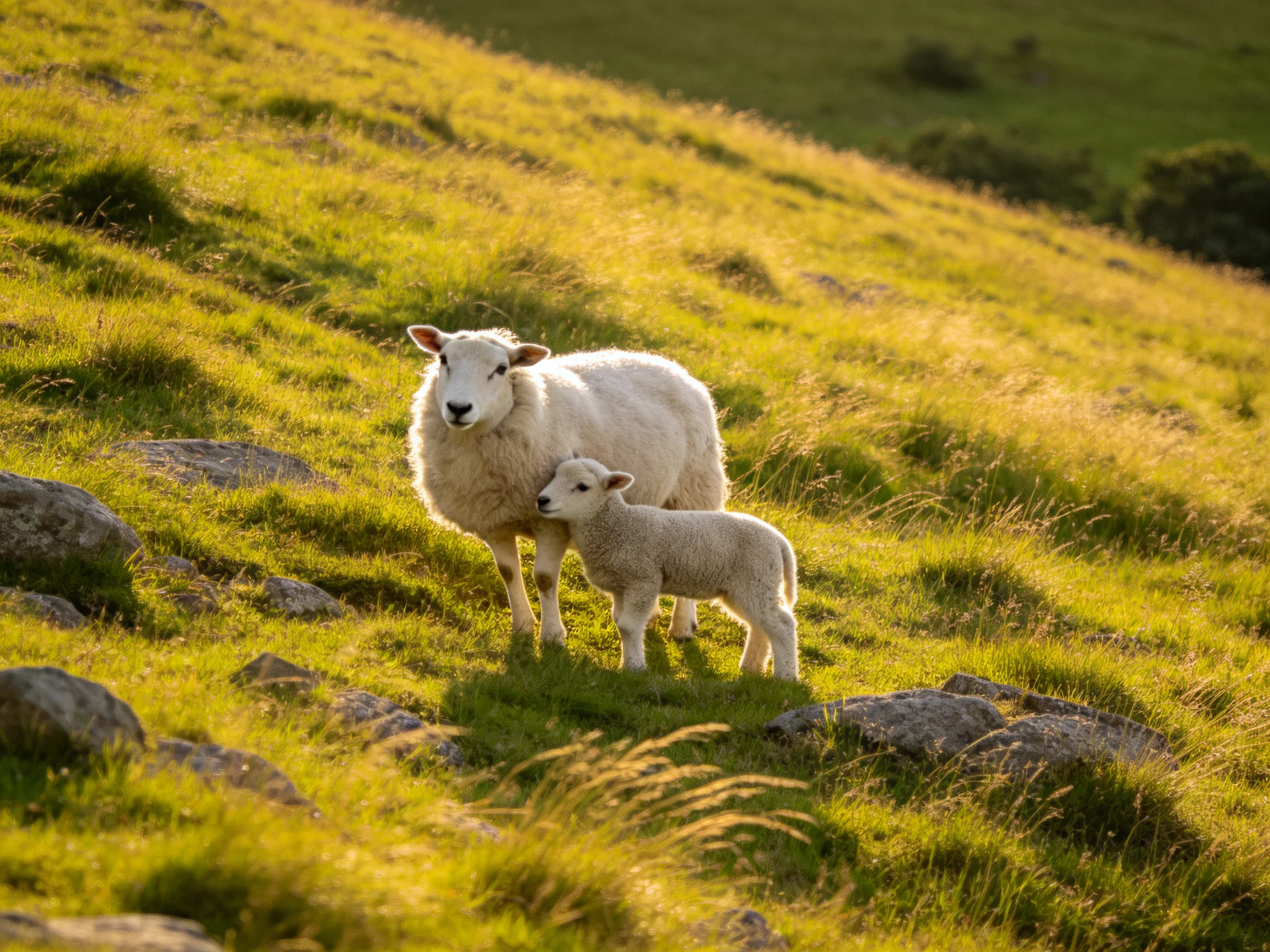Mother sheep and lamb on a sun-drenched grassy hill