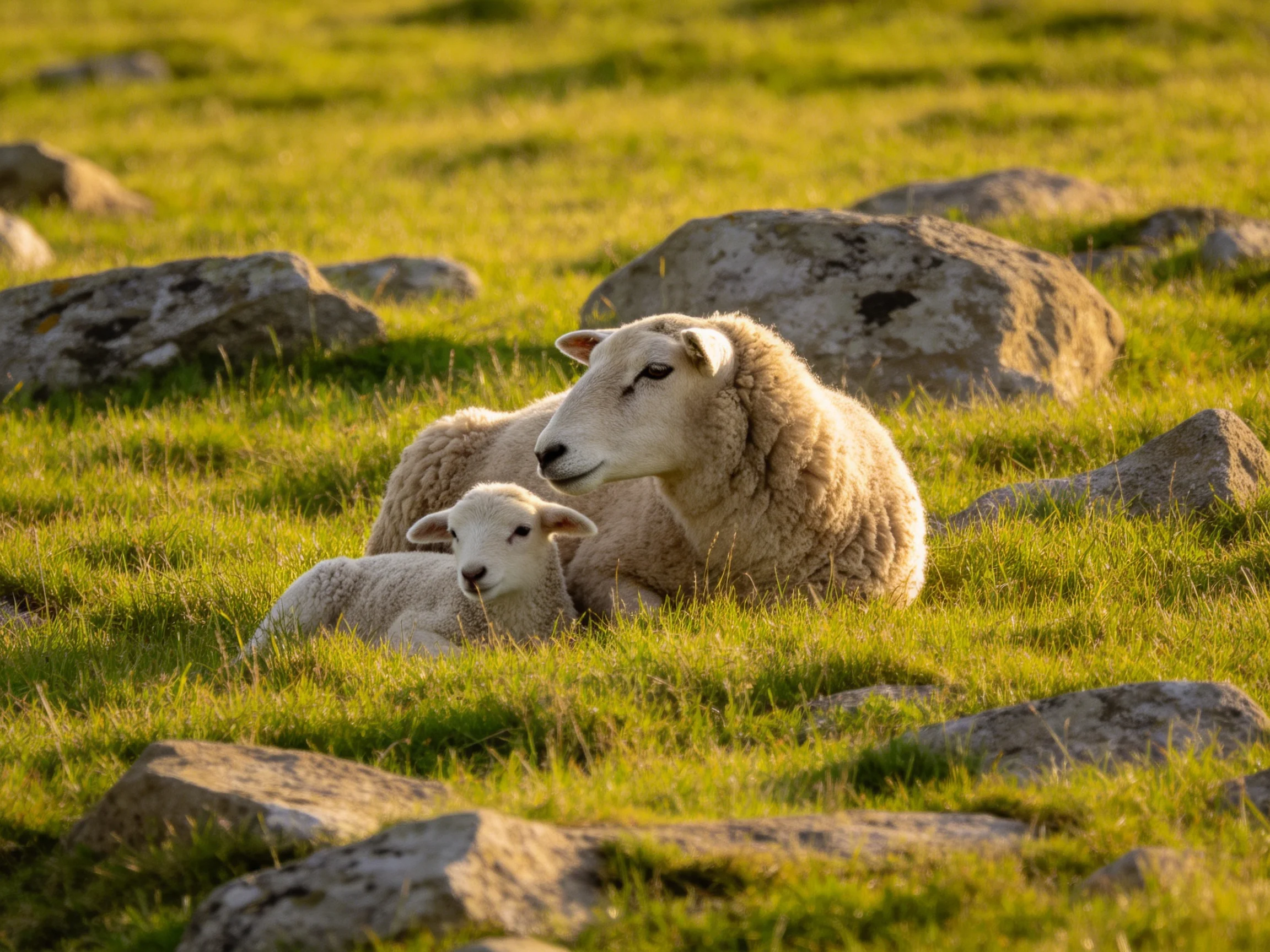 Mother sheep and lamb rest near large gray rocks in golden grass