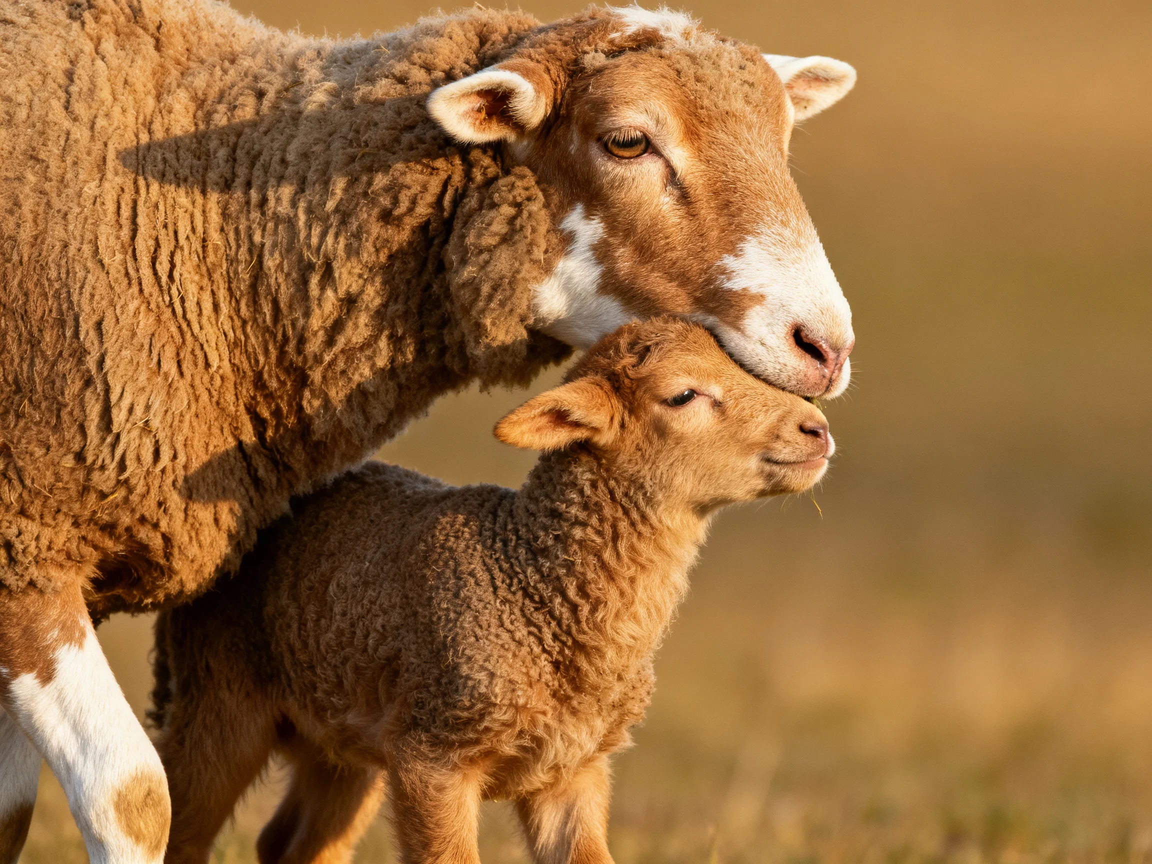 Mother sheep and lamb with thick brown wool in a sunlit meadow