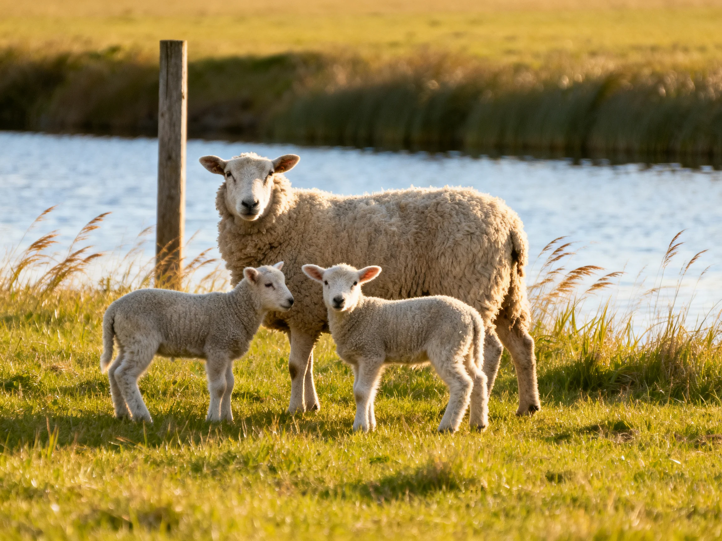 Mother sheep and two lambs by a calm water body in golden grassland