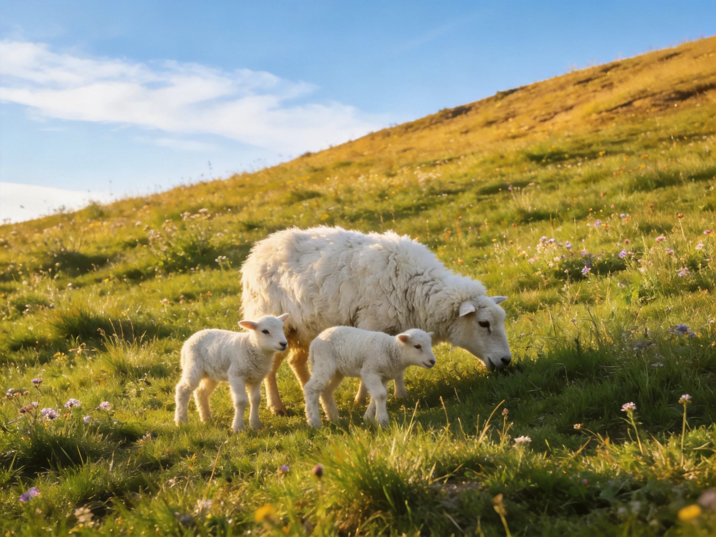 Mother sheep and two lambs graze on a sunlit grassy hillside
