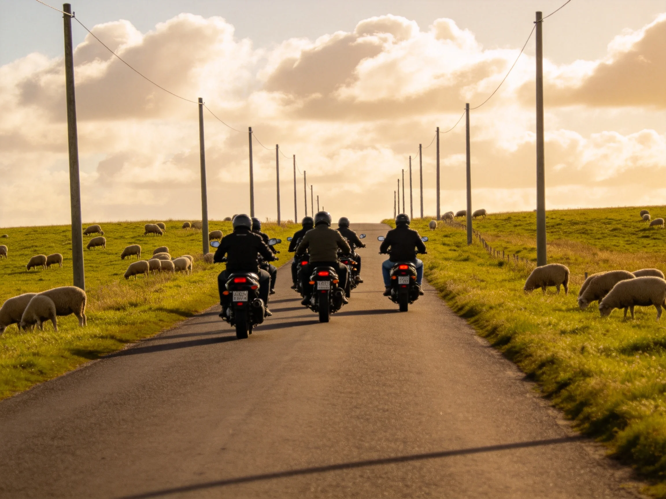 Motorcyclists ride down a rural road near grazing sheep under golden sky