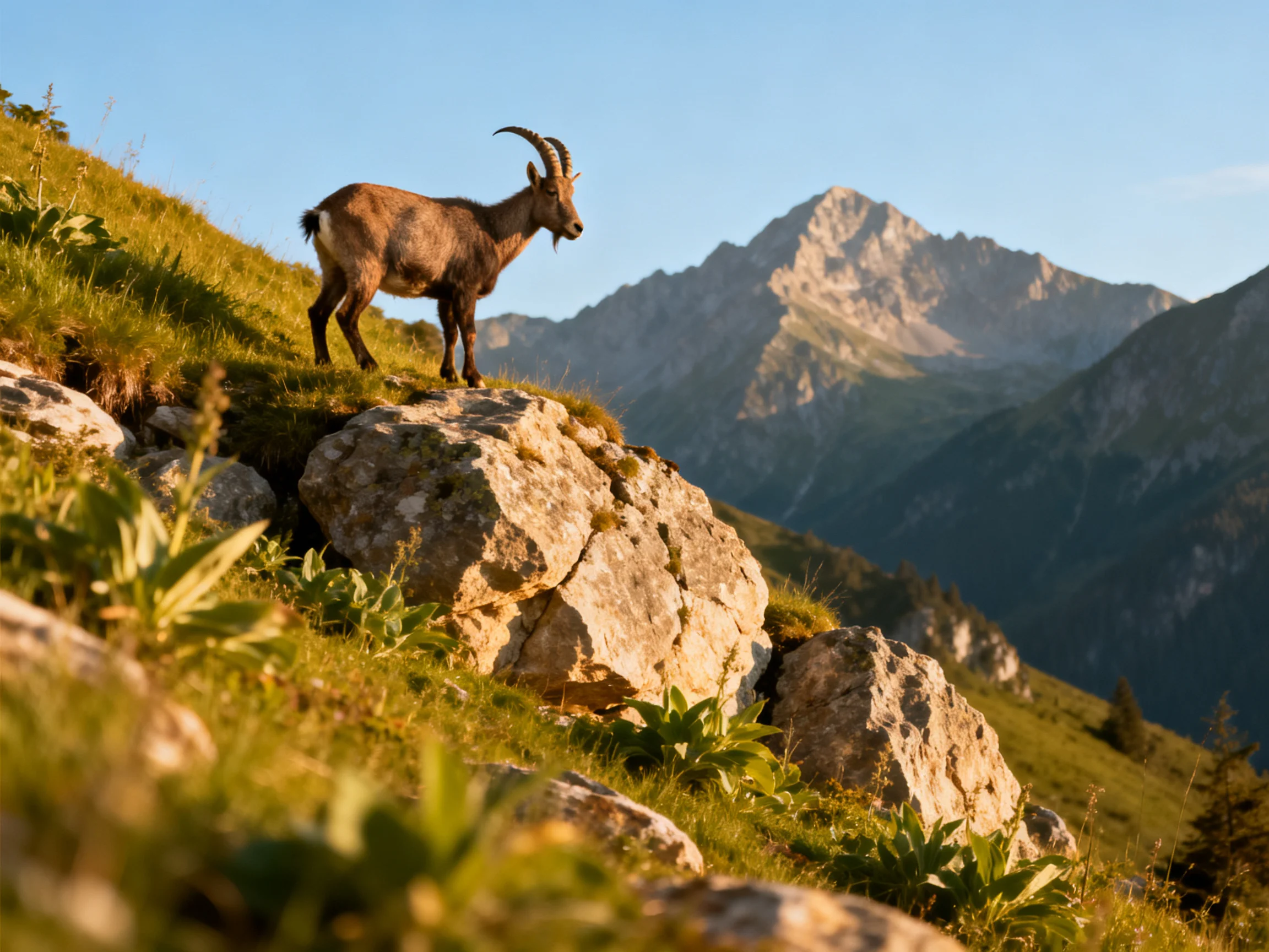 Mountain goat atop rocky terrain near towering peaks