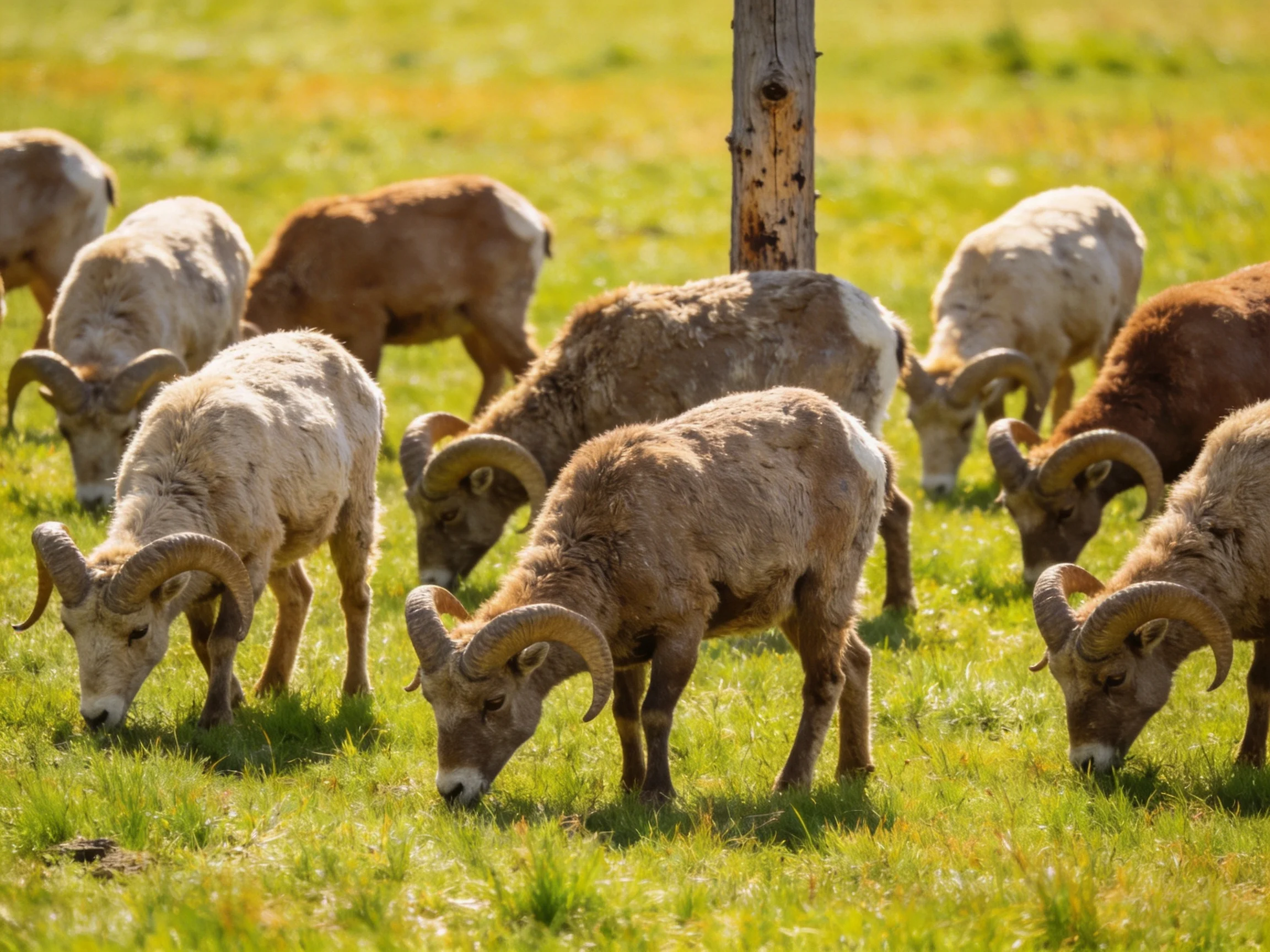 Multiple bighorn sheep grazing in sunlit green pasture