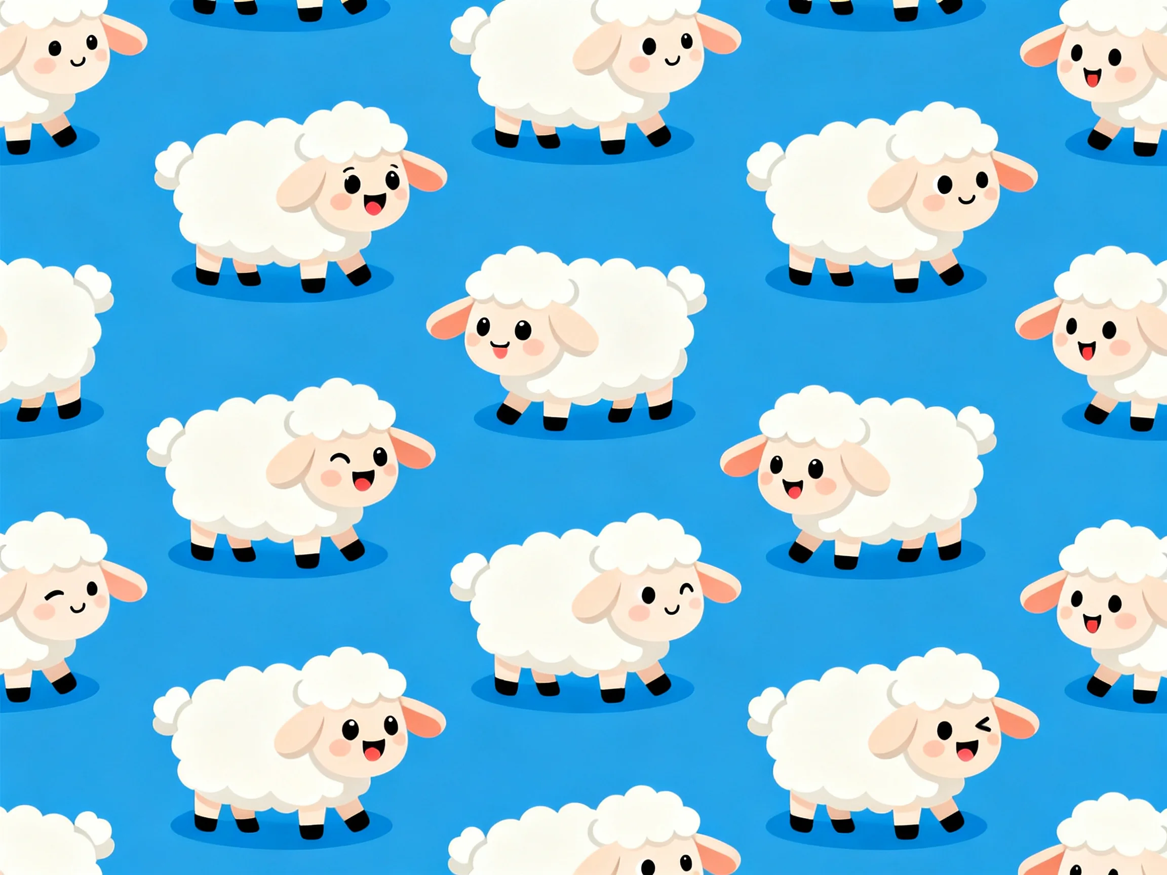 Multiple cartoon sheep in repeating pattern on bright blue background