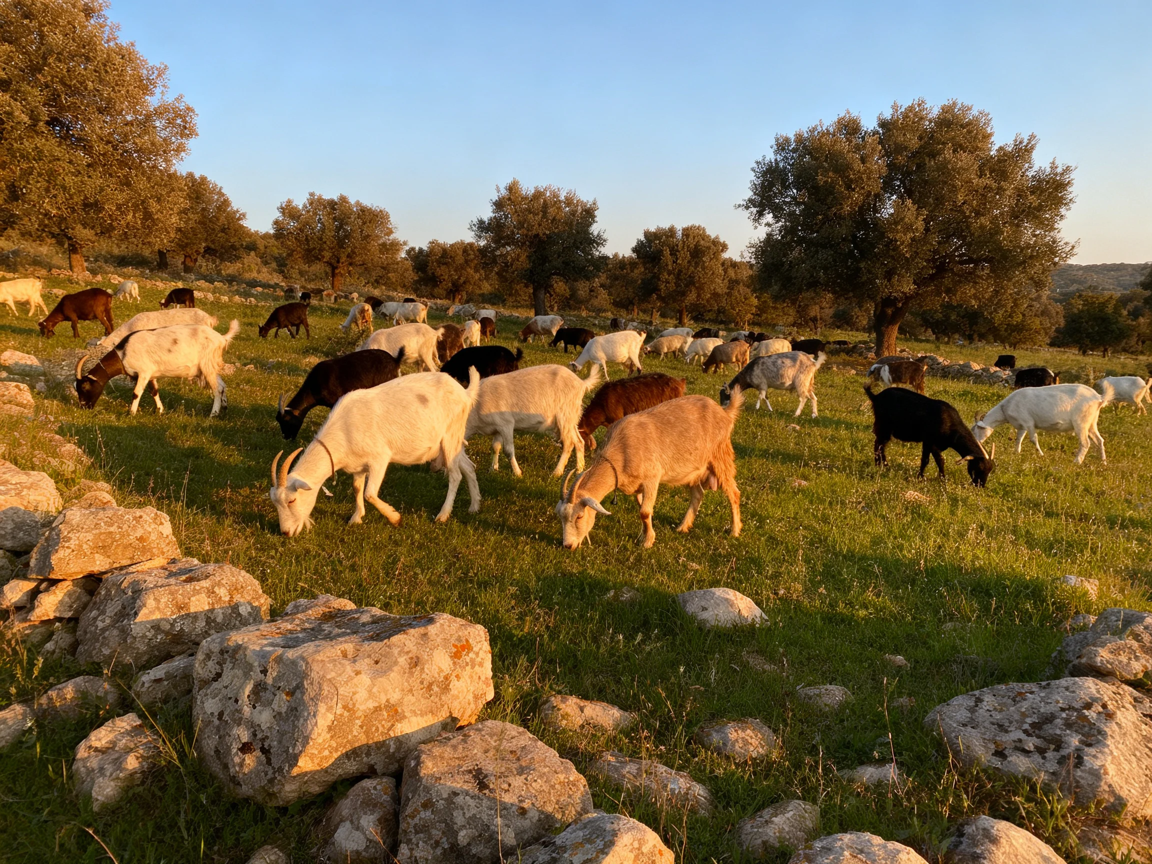Multiple colored goats graze in a sunny pasture with old stone walls and trees