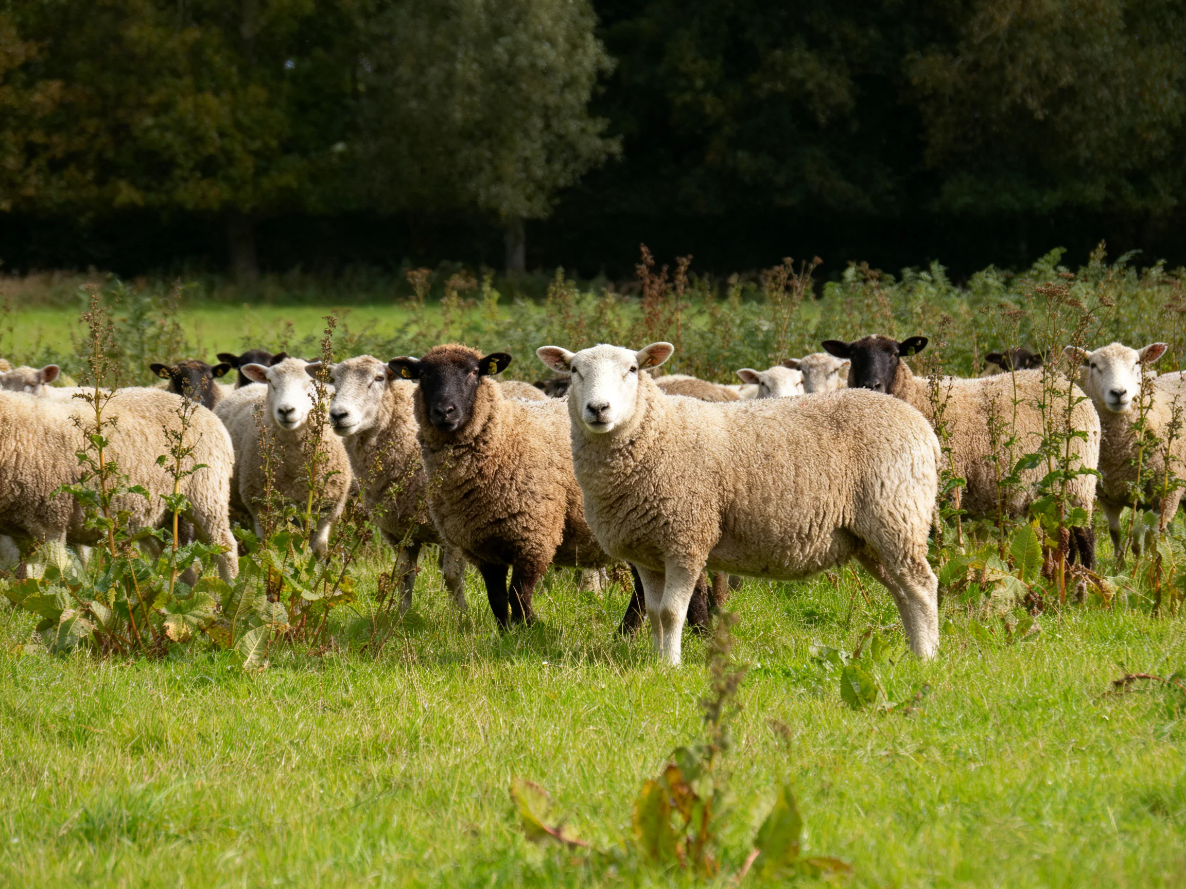 Multiple colored sheep gathered in lush green pasture near forest edge