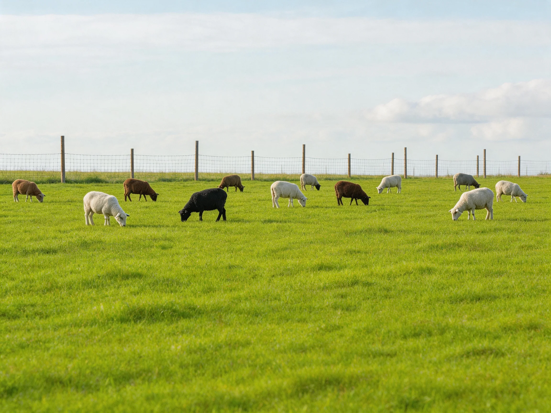 Multiple colored sheep graze in a lush green pasture