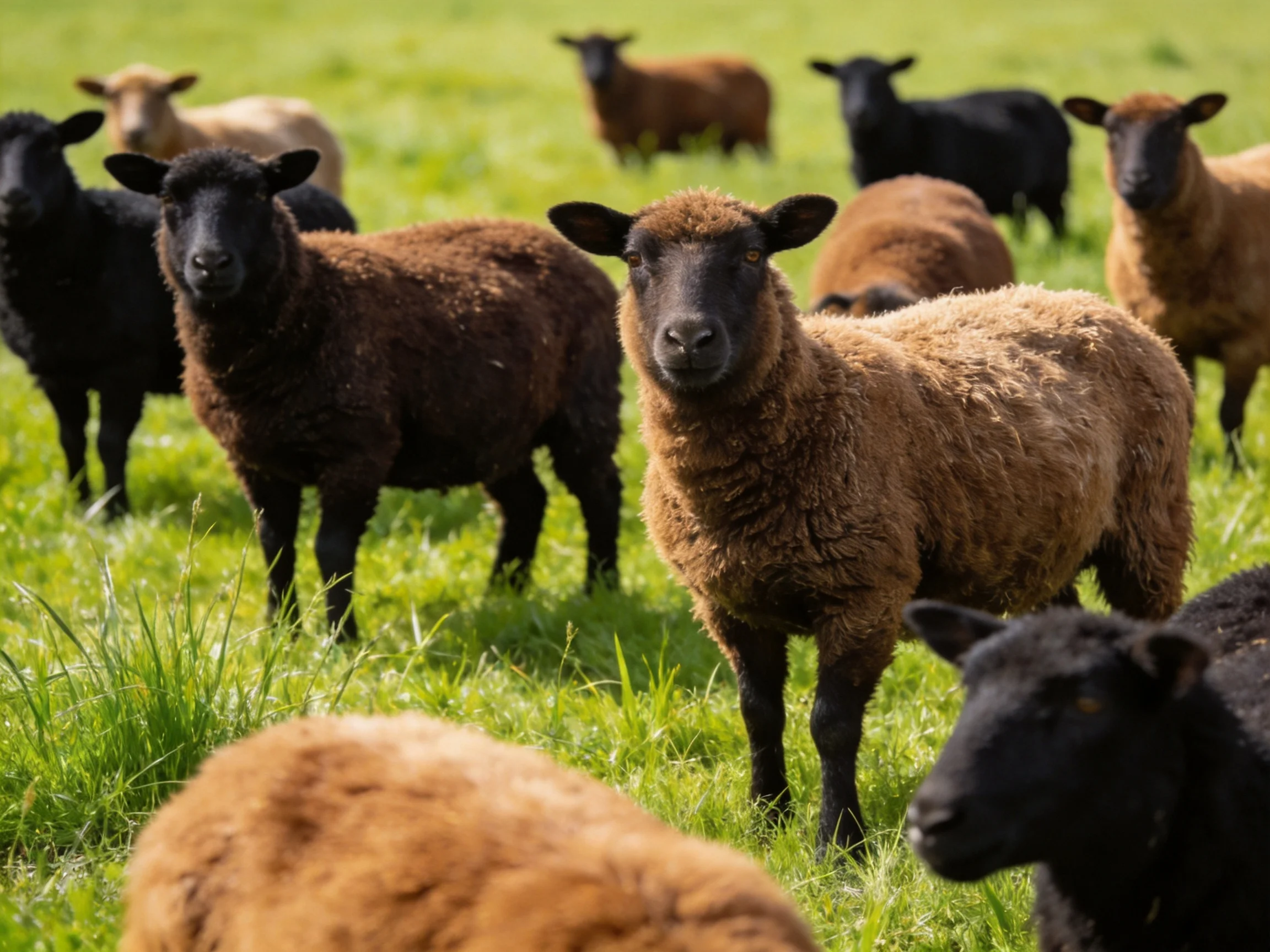 Multiple colored sheep grazing in a lush green pasture