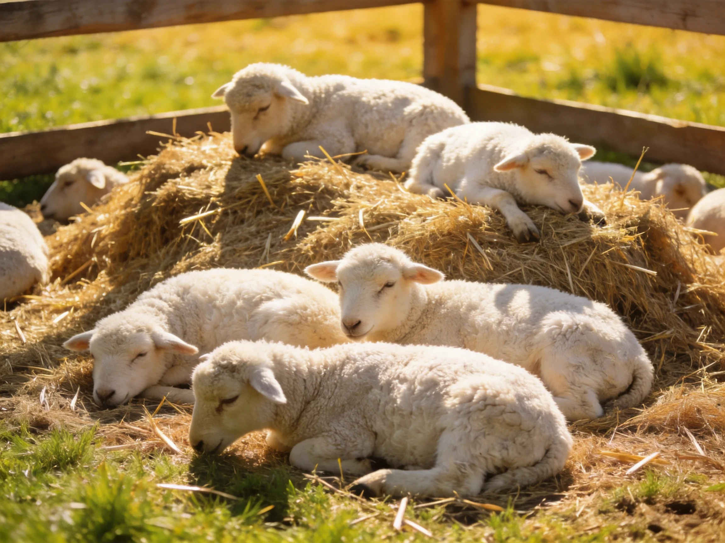 Multiple fluffy white lambs resting on golden straw piles in a wooden enclosure