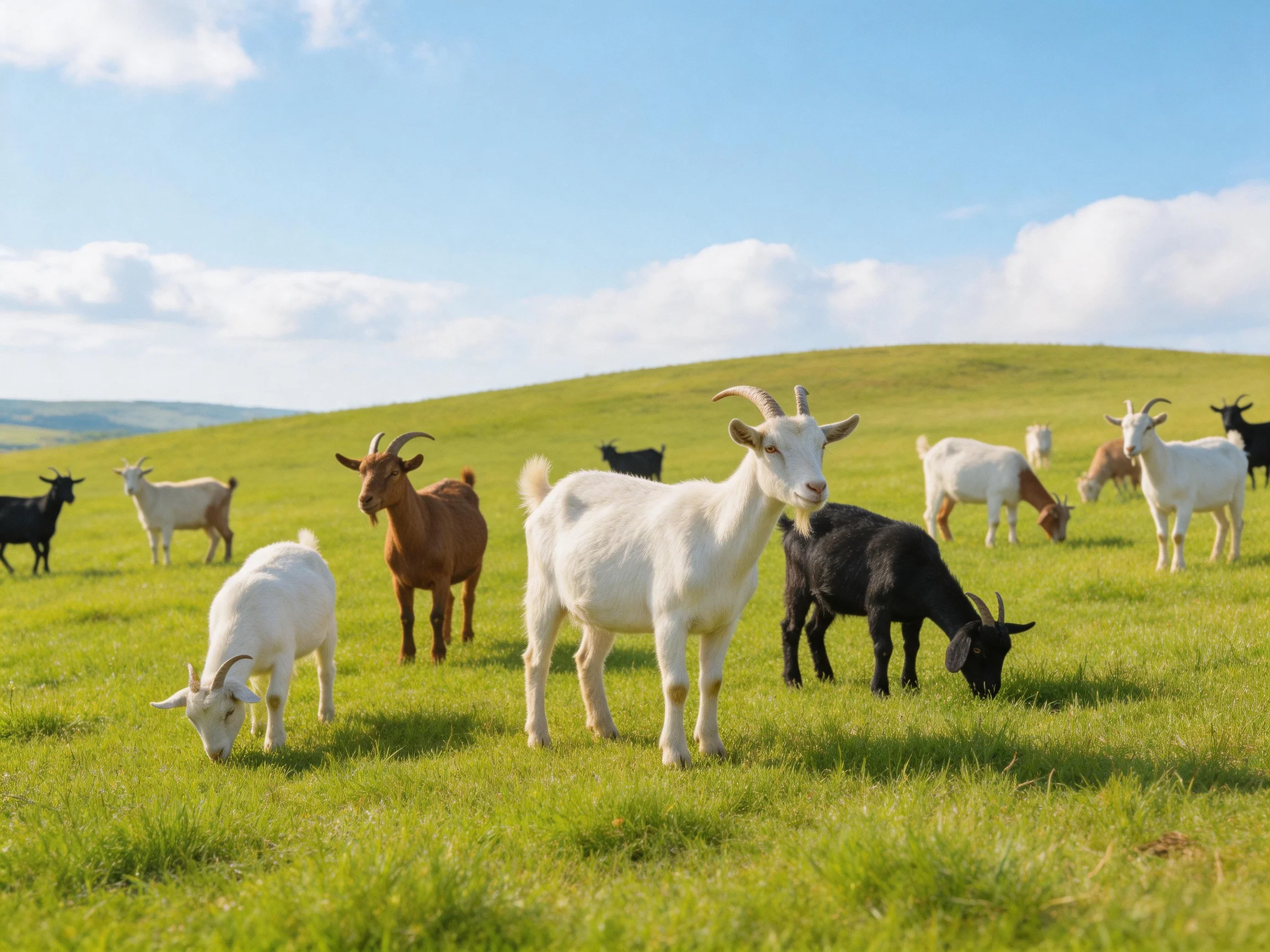 Multiple goats of various colors graze on rolling green hills under sunny skies