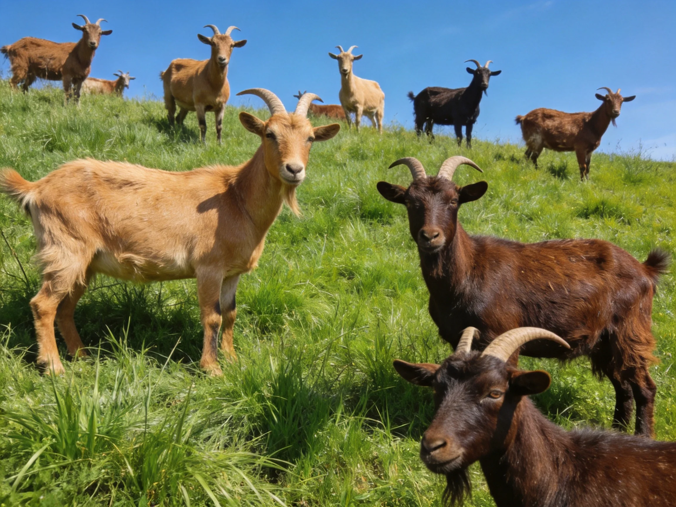 Multiple goats of varying colors on a lush green hillside